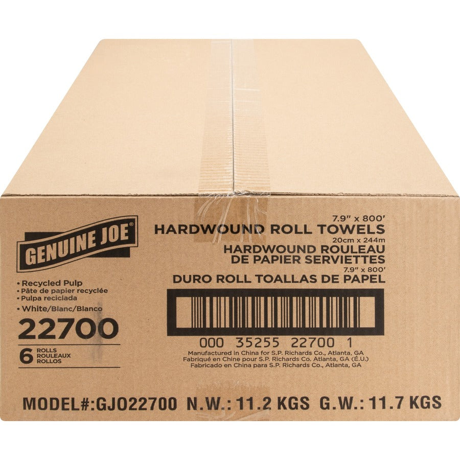 Genuine Joe Hardwound Roll Paper Towels - 7.90" Width x 800 ft Length - 2" Core - White - 6 / Carton