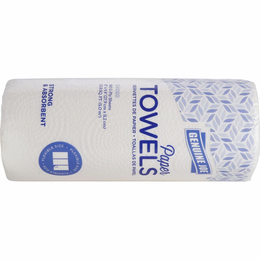Genuine Joe Kitchen Roll Flexible Size Towels - 2 Ply - 1 5/8" Core - White - 30 / Carton