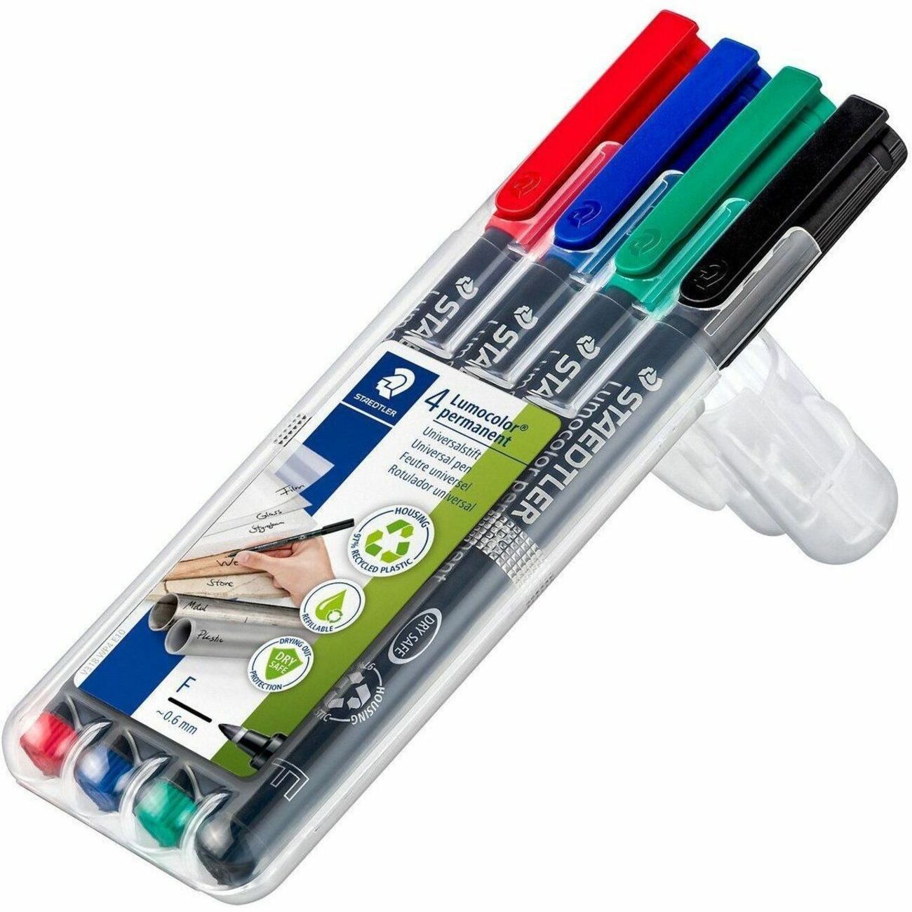 0.6 mm Fine Marker Point - Red, Blue, Green, Black Ink - Black Polypropylene Barrel - Writing - 4 / Set