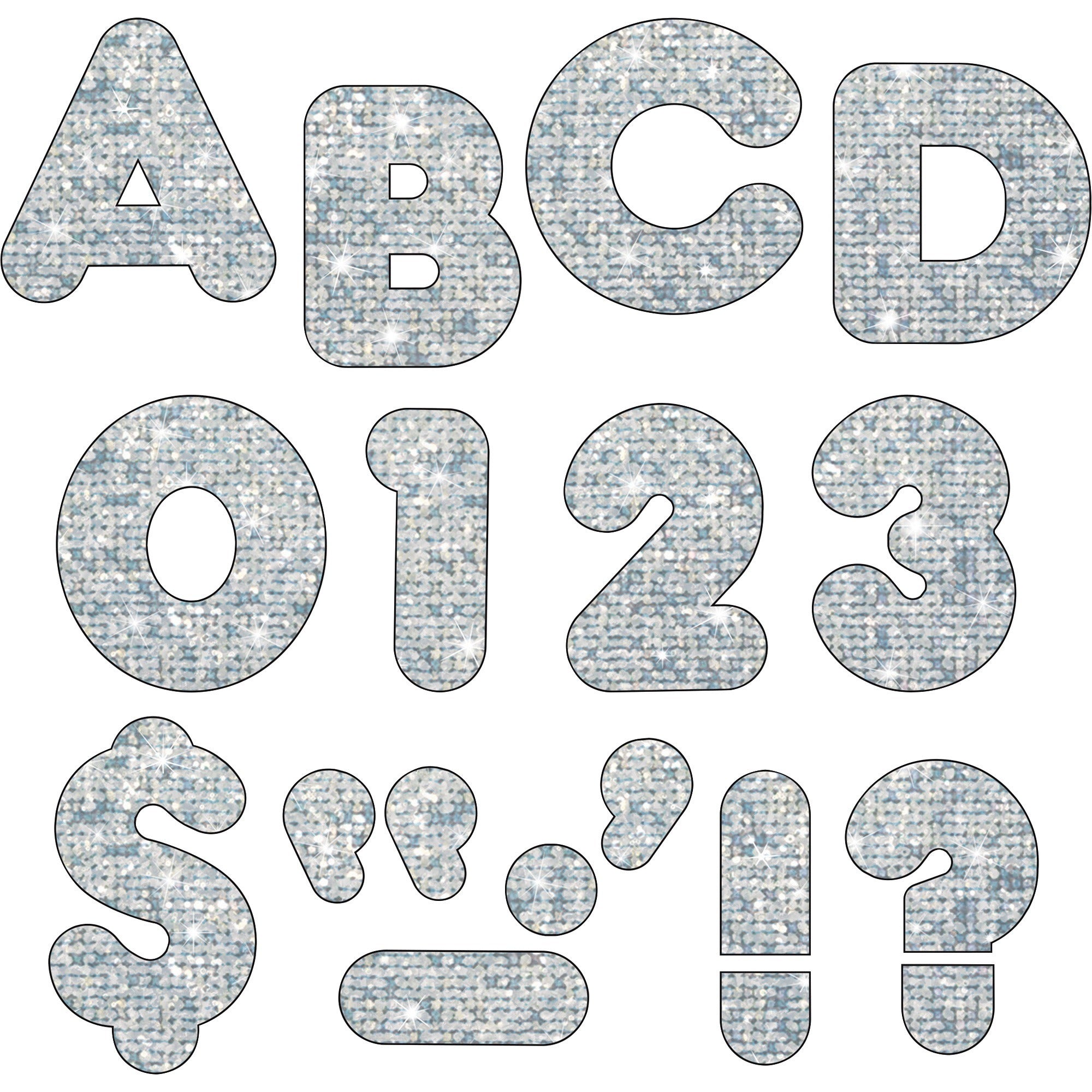 Trend 4" Sparkle Uppercase Ready Letters Set - 50 x Capital Letter, 10 x Number, 10 x Punctuation Marks Shape - Pin-up - Casual Style - 4" Height x 9" Length - Silver - Paper - 1 Pack
