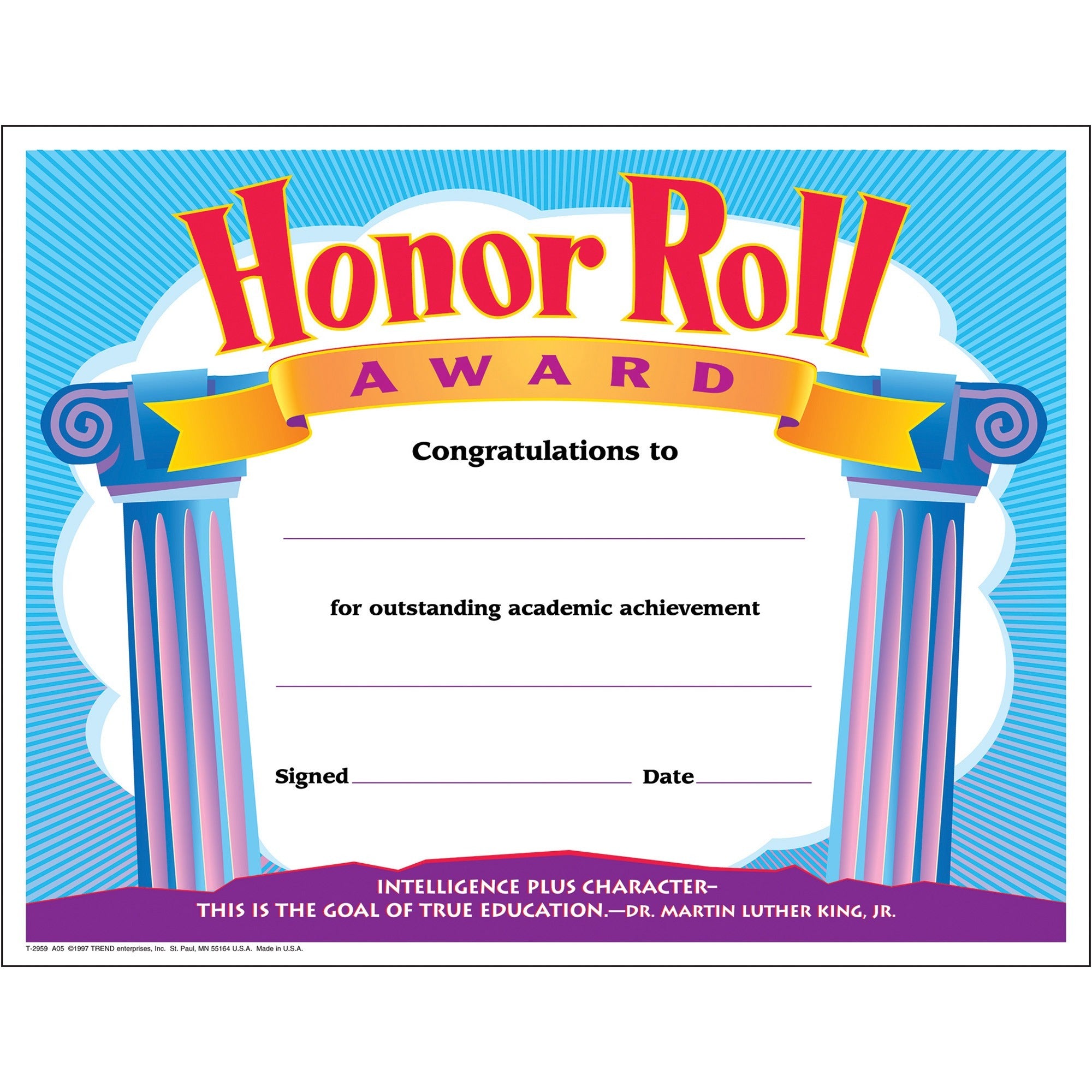 "Honor Roll Award" - 8.5" Width x 11" Length - Assorted - 30 / Pack