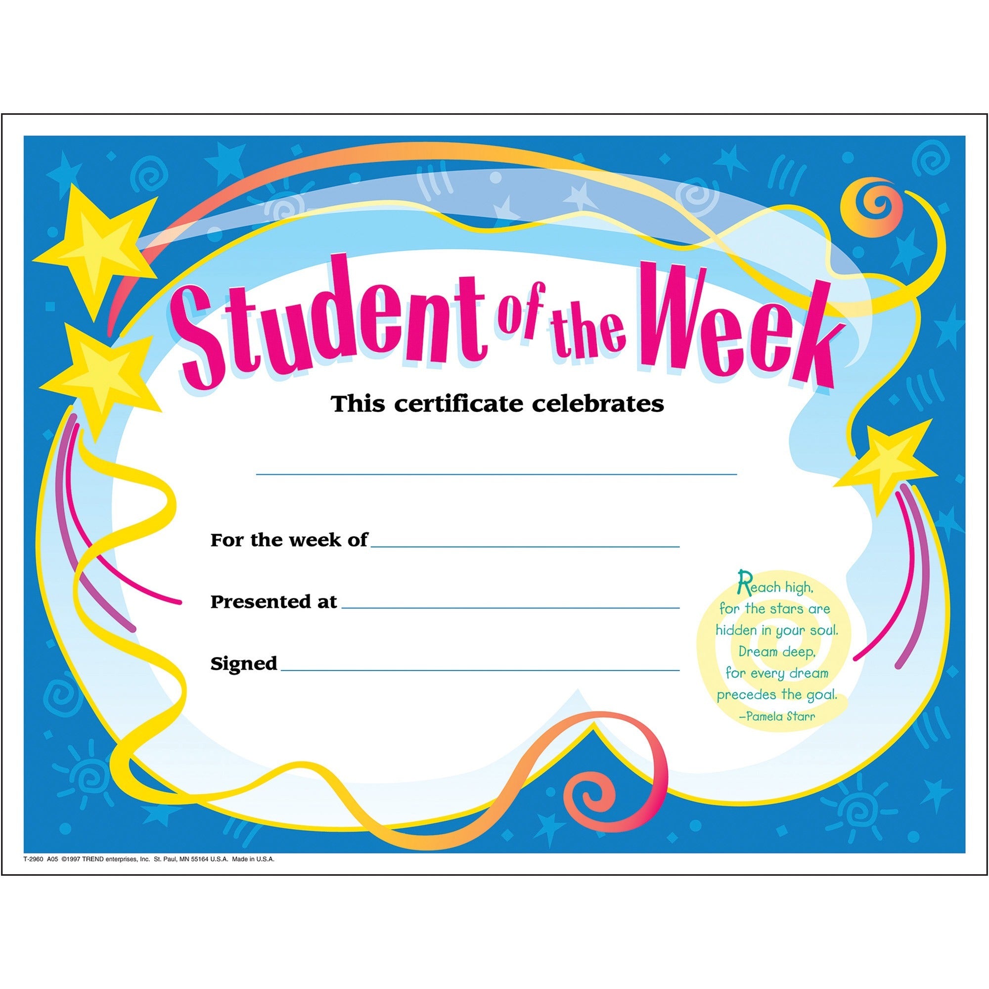 "Student of the Week" - 8.5" Width x 11" Length - 30 / Pack
