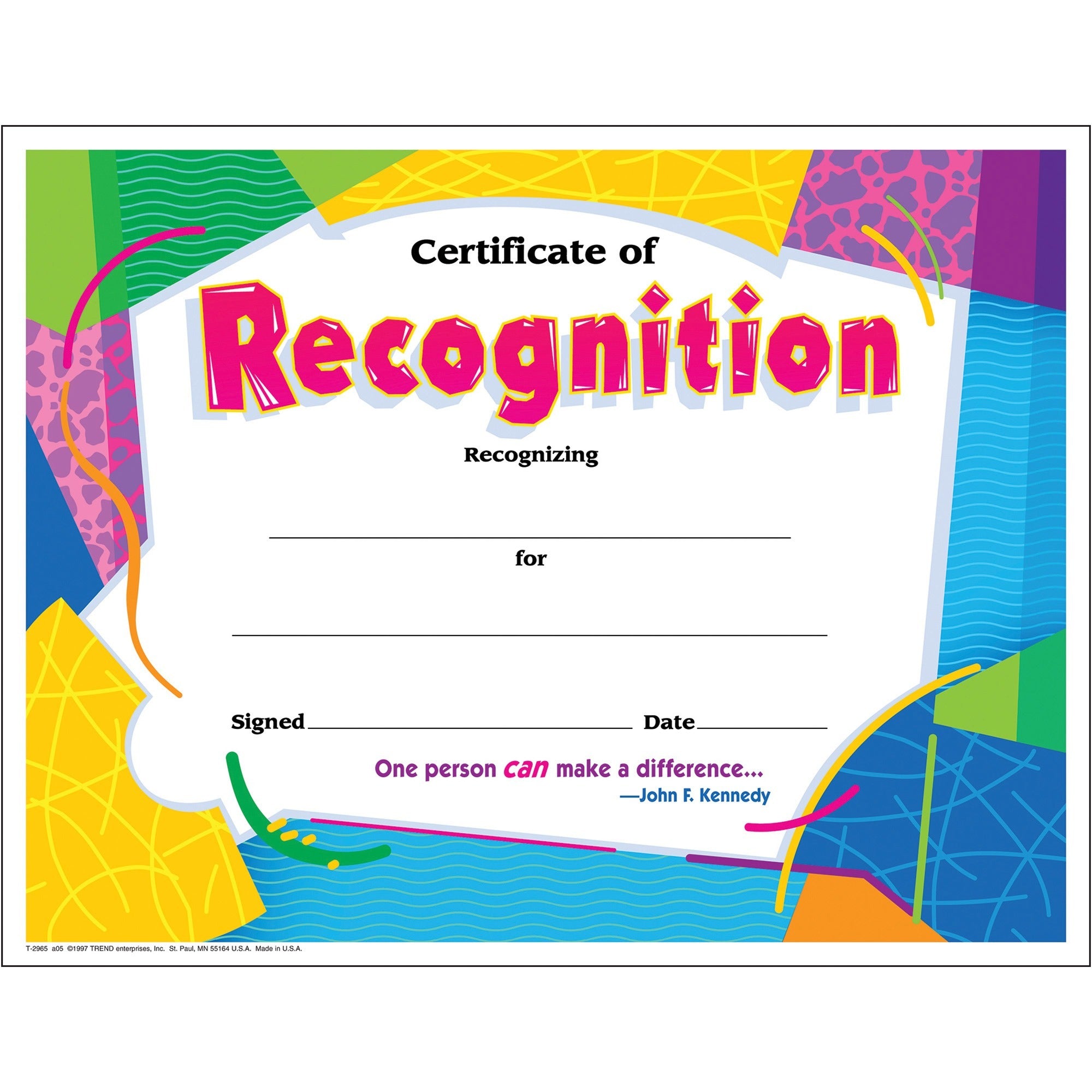 "Certificate of Recognition" - 8.5" Width x 11" Length - 30 / Pack