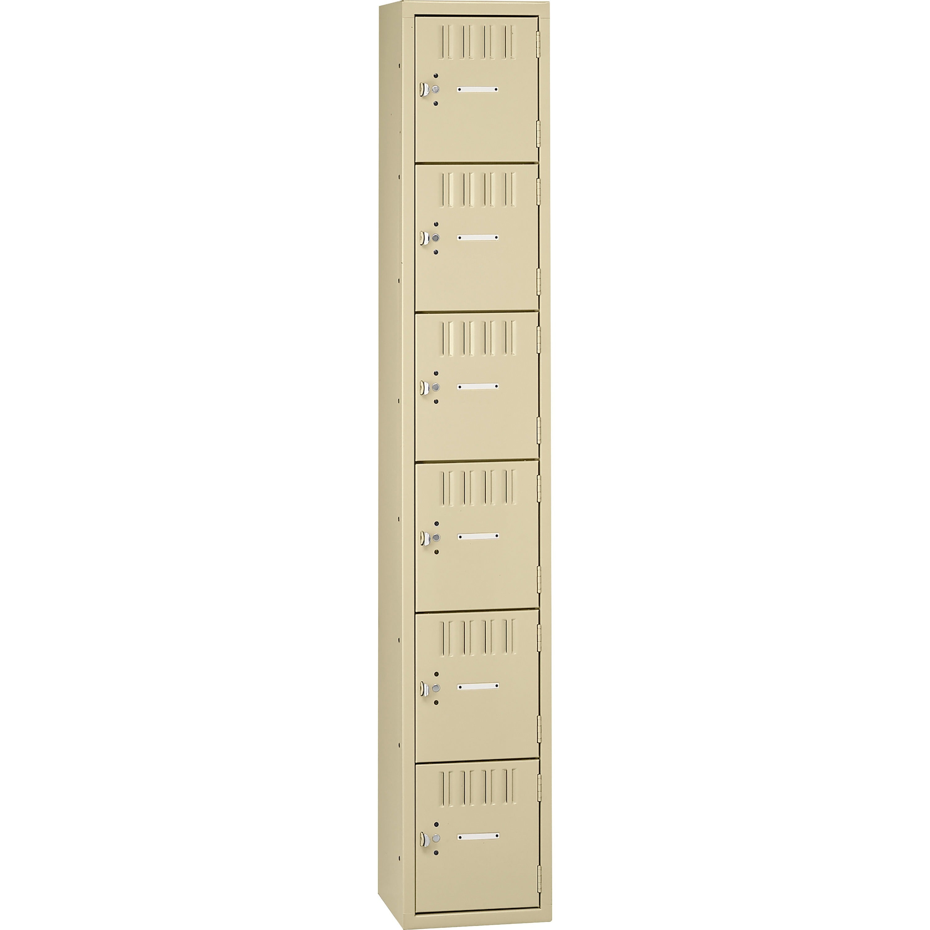 Tennsco 6-Tier No Legs Steel Box Lockers - Internal Size 12" Height x 12" Width x 18" Depth - Overall Size 72" Height x 12" Width x 18" Depth - Sand - Steel