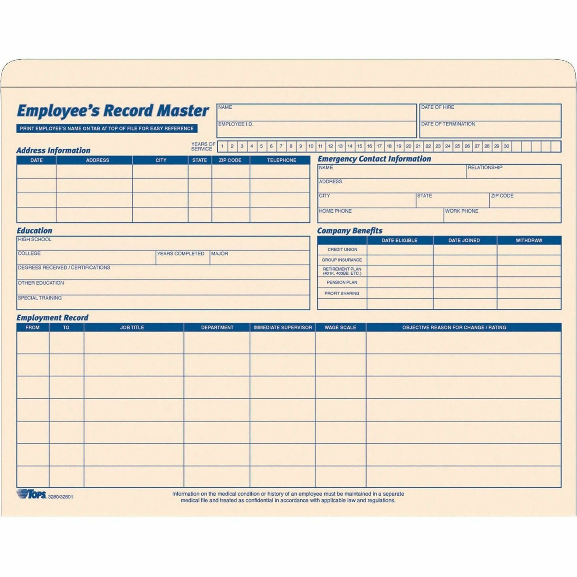 TOPS Letter Record Jacket - 8 1/2" x 11" - 1" Expansion - 10 pt. - Manila - Manila - Preprinted - 15 / Pack