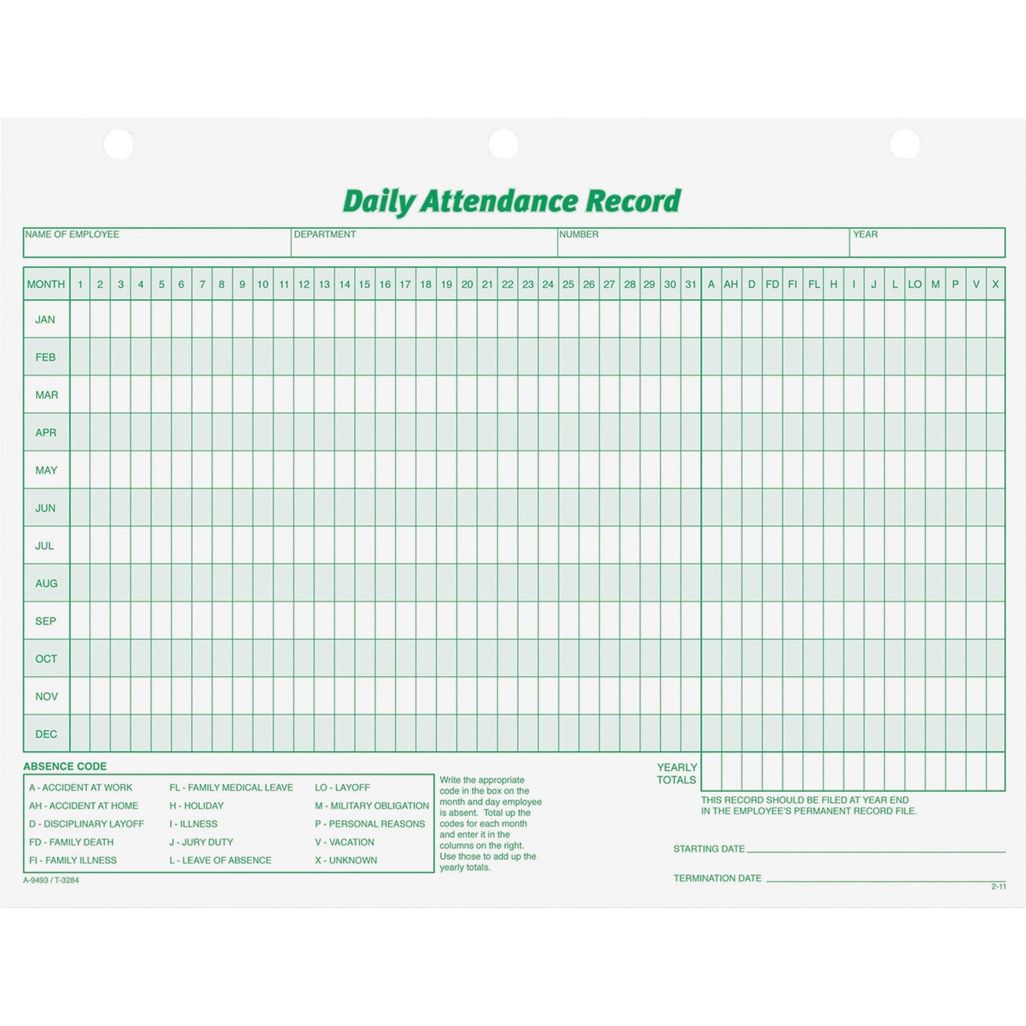 50 Sheet(s) - 11" x 8.50" Sheet Size - 3 x Holes - White - White Sheet(s) - Green Print Color - 1 Pack