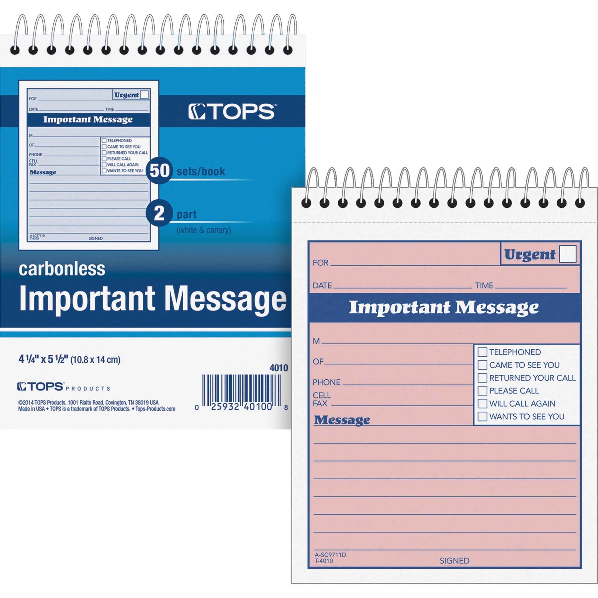 50 Sheet(s) - Spiral Bound - 2 Part - Carbonless Copy - 6" x 4.25" Form Size - Pink - Assorted Sheet(s) - Blue, Red Print Color - 1 Each