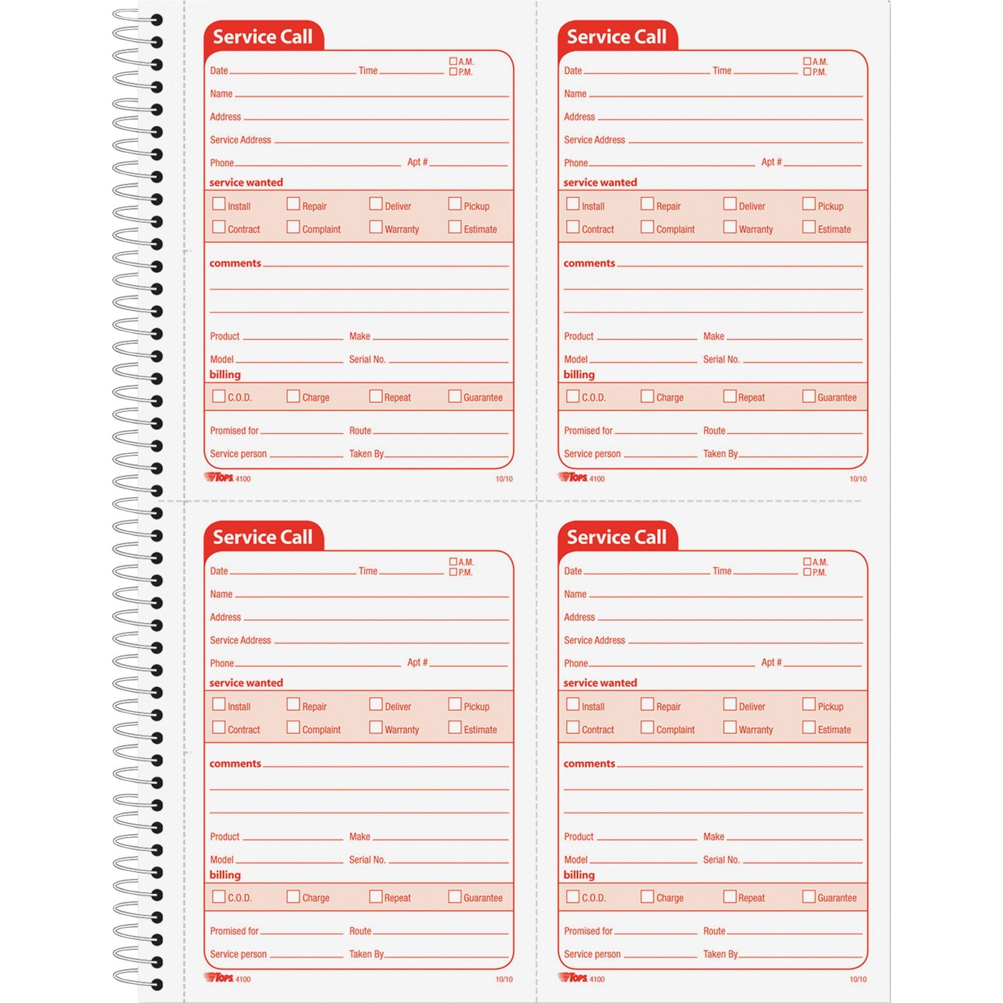200 Sheet(s) - Spiral Bound - 2 Part - Carbonless Copy - 5.50" x 4" Form Size - 8.25" x 11" Sheet Size - White, Canary - Red Print Color - 1 Each