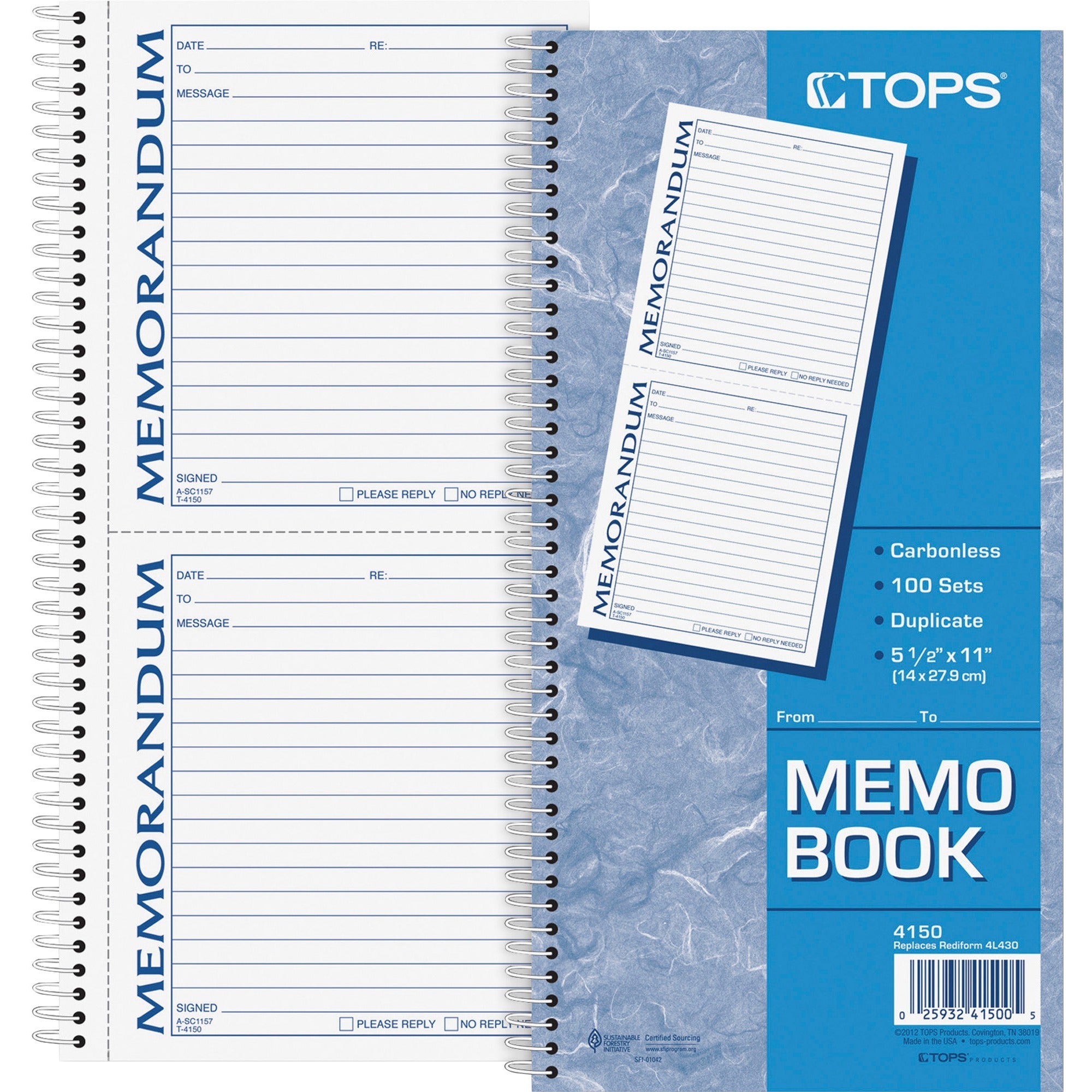100 Sheet(s) - Spiral Bound - 2 Part - Carbonless Copy - 5.50" x 5" Form Size - 5.50" x 11" Sheet Size - White, Canary - Assorted Sheet(s) - Blue, Red Print Color - 1 Each