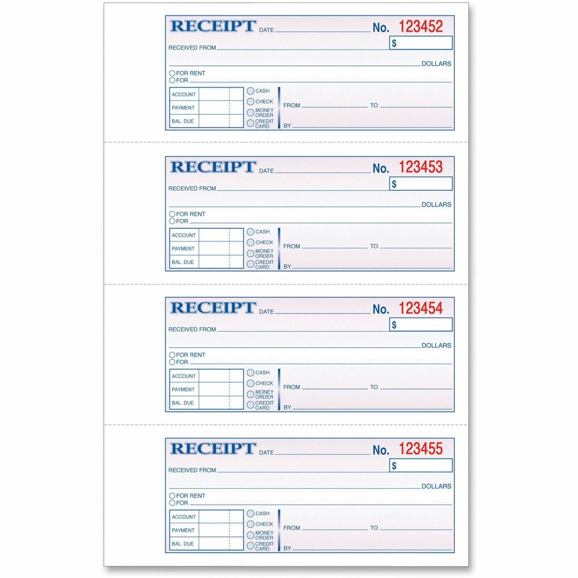 TOPS Money/Rent Receipt Book, 2 Part, Carbonless, 2.75" x 7.25", Assorted Sheets, Blue Print, 4 Forms per Sheet, 1 Each