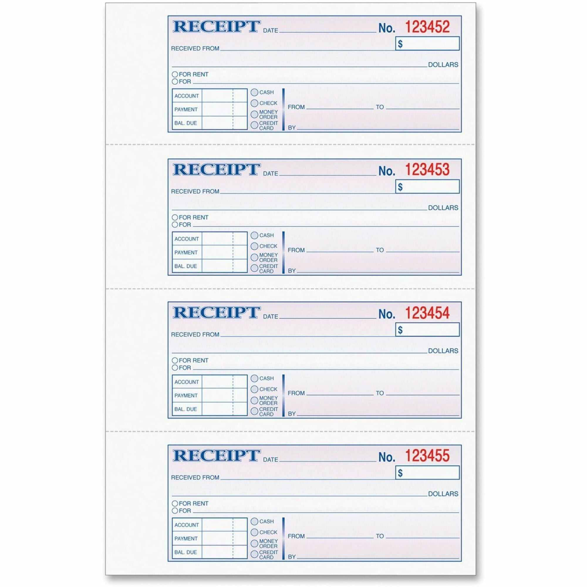 TOPS Money/Rent Receipt Book - 3 Part - Carbonless Copy - 2.75" x 7.25" Sheet Size - Assorted Sheet(s) - Blue Print Color - 1 Each