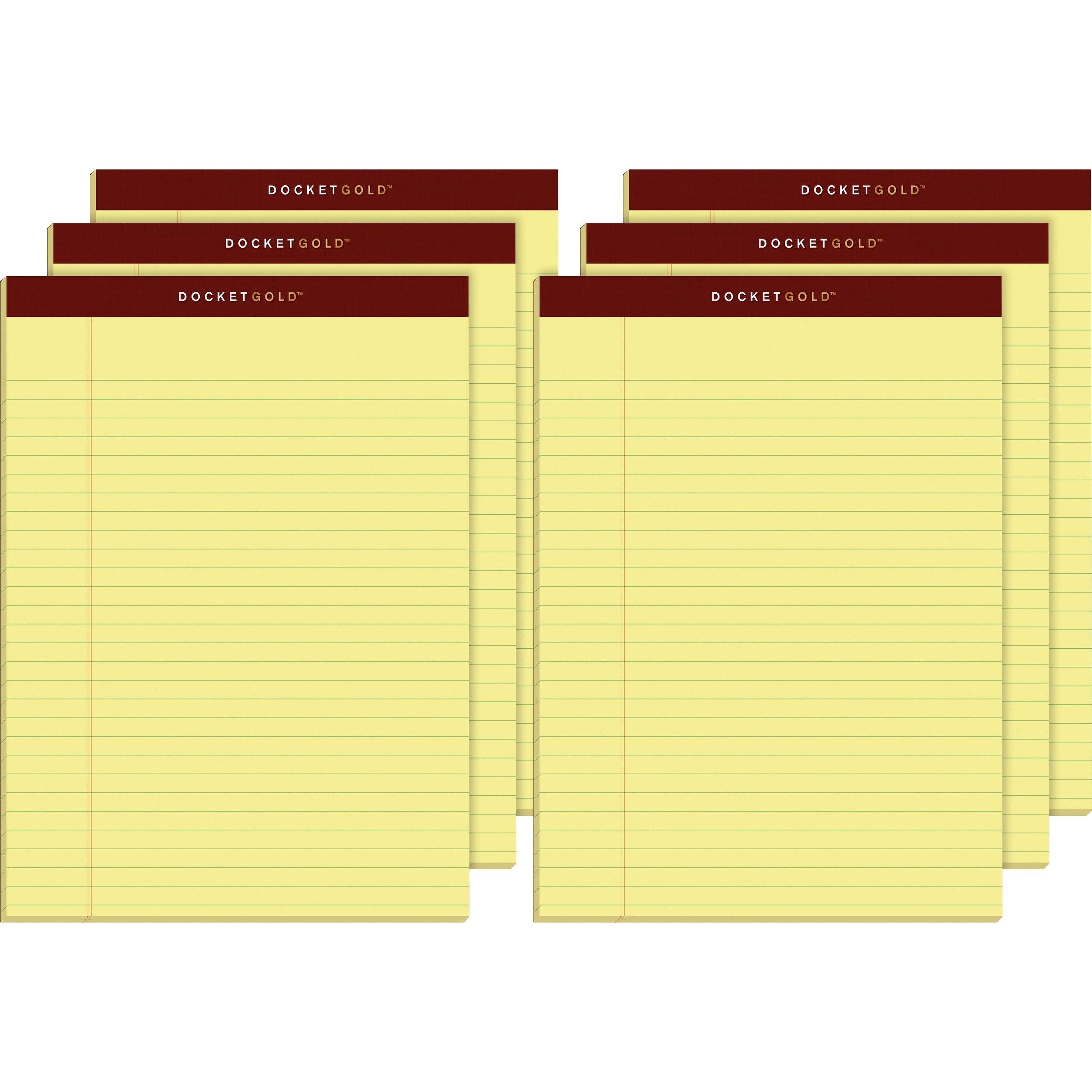 TOPS Docket Gold Legal Pads, Letter Size, 8.5" x 11", 50 Sheets per Pad, Canary Paper, Double Stitched Burgundy Top Binding, Perforated, Heavyweight Bond, 6 Pads per Pack