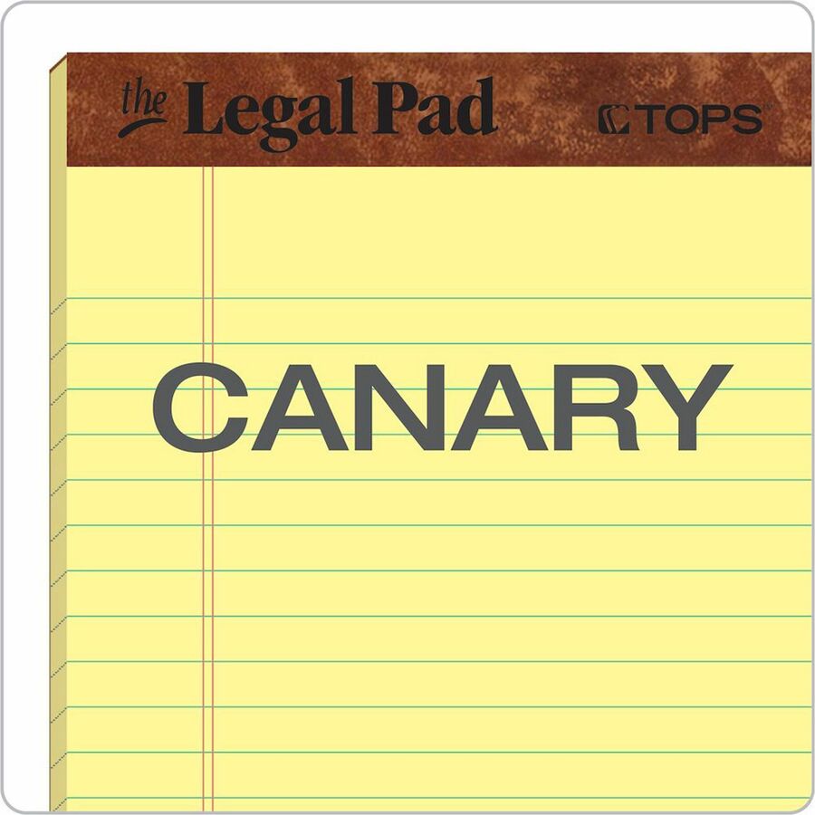 TOPS The Legal Pad Writing Pad - 50 Sheets - Double Stitched - 0.28" Ruled - 16 lb Basis Weight - Jr.Legal - 5" x 8" Sheet Size - Canary Paper - Chipboard Cover - Perforated, Hard Cover, Removable - 1 Dozen