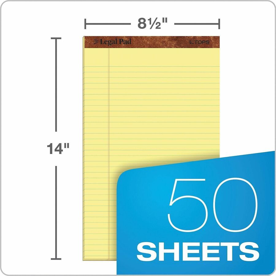 50 Sheets - Double Stitched - 0.34" Ruled - 16 lb Basis Weight - Legal - 8 1/2" x 14" Sheet Size - Canary Paper - Perforated, Hard Cover, Heavyweight - 1 Dozen