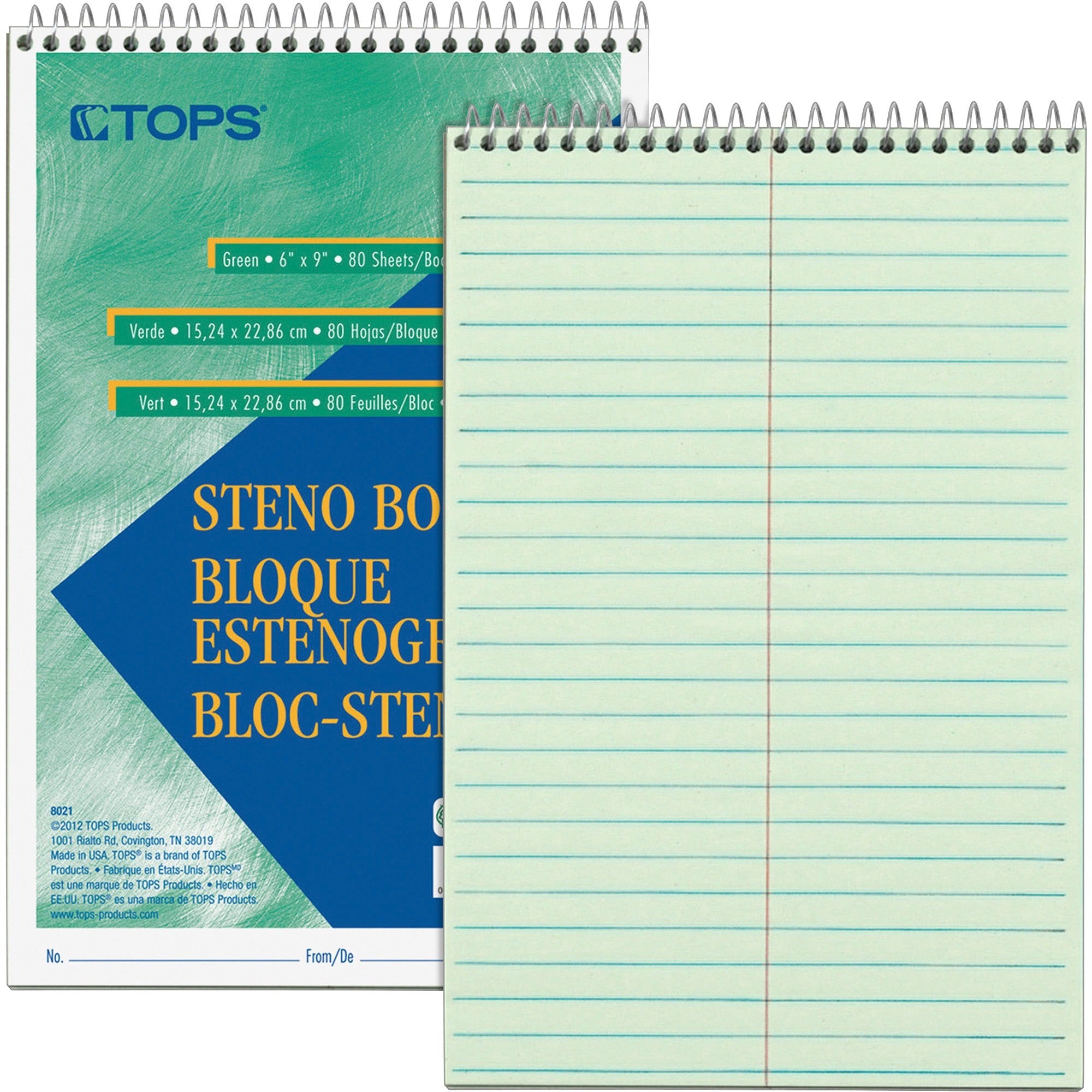 80 Sheets - Wire Bound - Gregg Ruled Margin - 6" x 9" Sheet Size - Green Tint Paper - Snag Resistant, Acid-free, Heavyweight - 1 Each