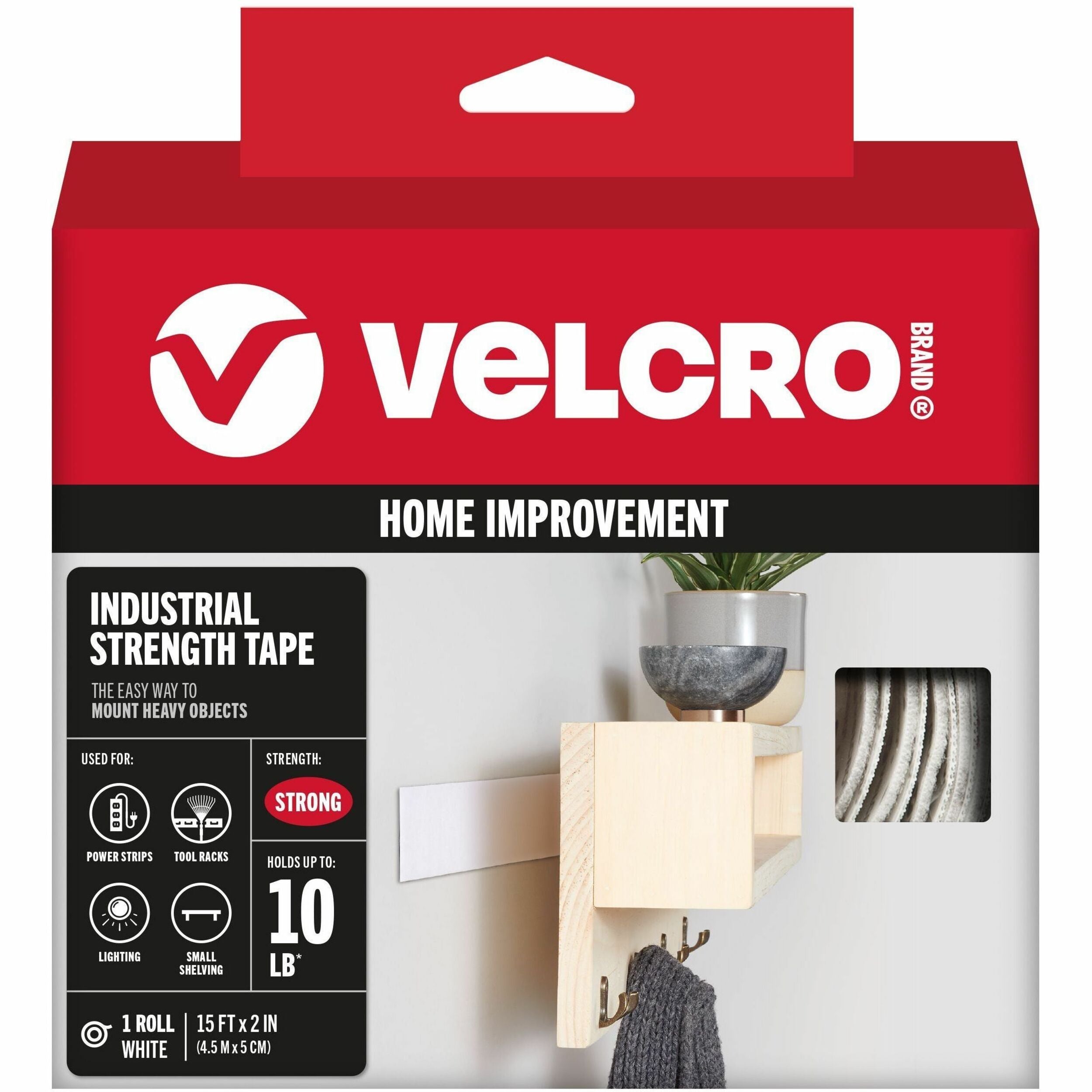 15 ft Length x 2" Width - White - Water Resistant, Long Lasting - For Tools, Equipment, Glass, Hanging, Project, Industrial, Garage, Indoor, Outdoor, Mounting, Storing, ... Roll - 1 Roll