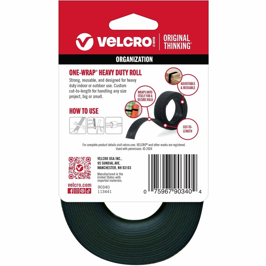12 ft Length x 0.75" Width - Black - For Bundling, Wrapping, Holding, Indoor, Outdoor, Multipurpose, Home, Worksite, Office, Transportation, Garage, ... Roll - 1 / Pack
