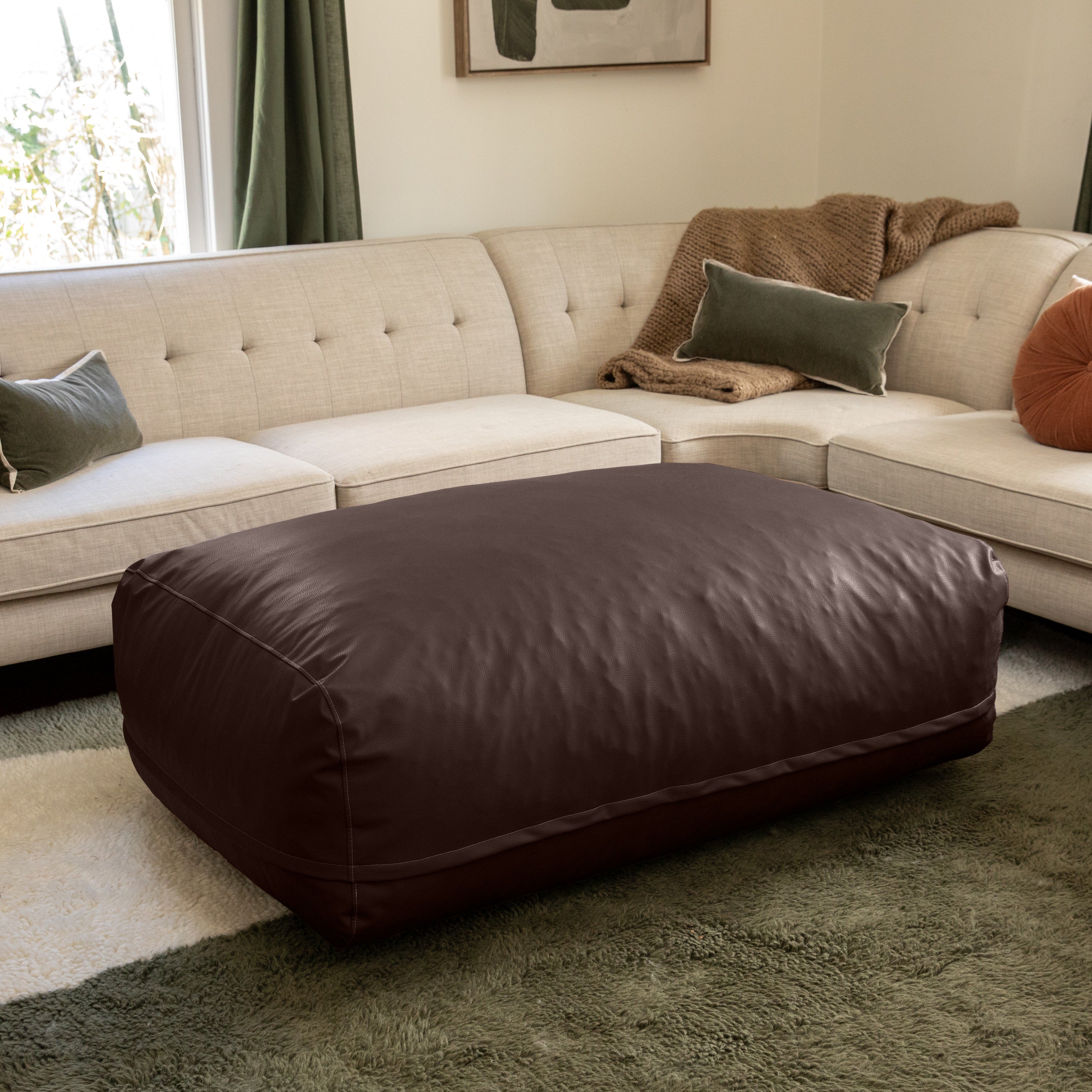 Atrium Collection Lino Ottoman - Oversized Large Couch Ottoman & Foam-Filled Lounger - Faux Leather - Chocolate