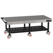 Welding Fixture Table, Fixed Height, 36"H x 96"L x 48"D, 1/4" Carbon Steel Top, Six Black Powdercoat Legs, Shelf, Handle, 6 Heavy Duty Suspension Casters (4 Locking/Swiveling Casters and 2 Non-Locking/Non-SwivelingCasters)
