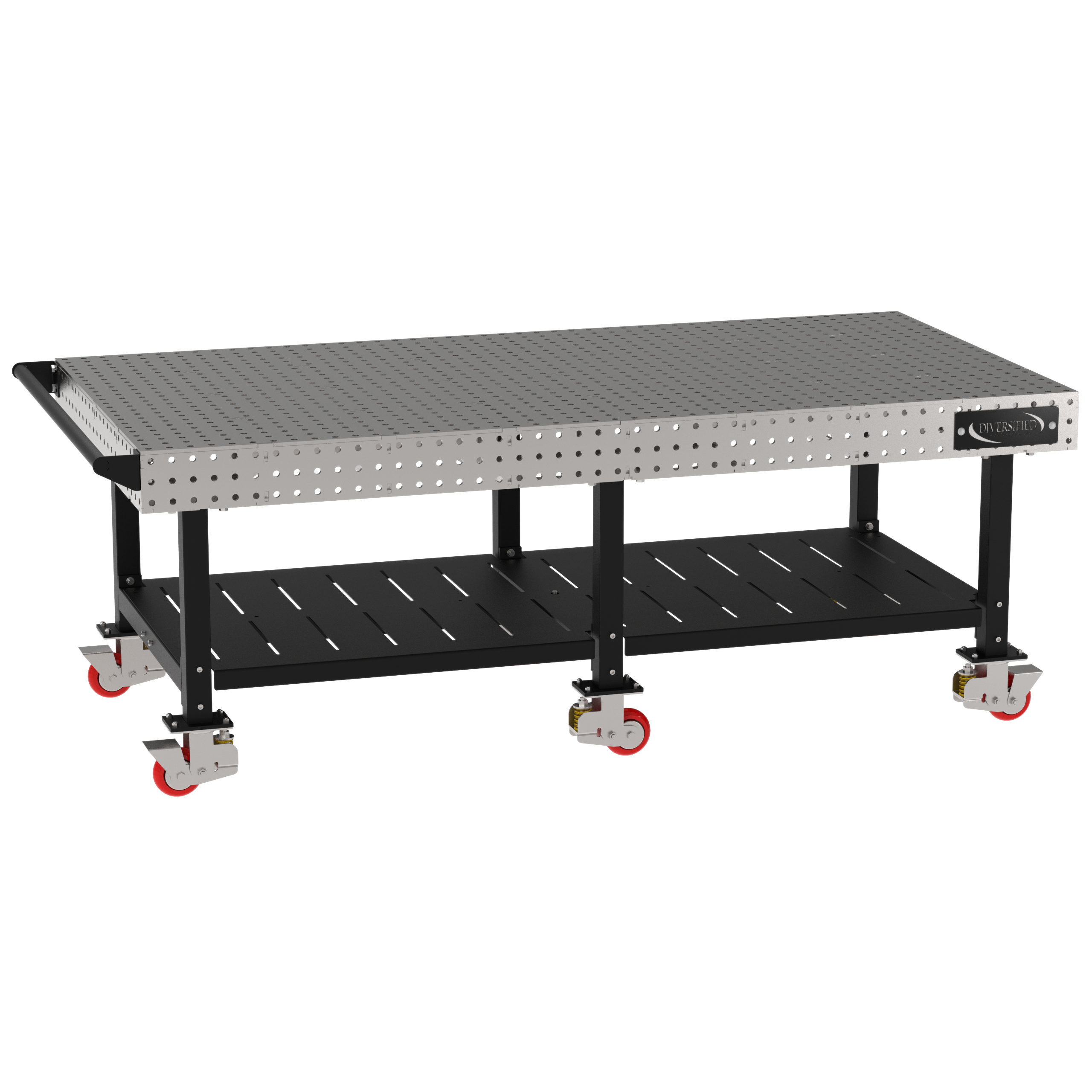 Welding Fixture Table, Fixed Height, 36"H x 96"L x 48"D, 1/4" Carbon Steel Top, Six Black Powdercoat Legs, Shelf, Handle, 6 Heavy Duty Suspension Casters (4 Locking/Swiveling Casters and 2 Non-Locking/Non-SwivelingCasters)