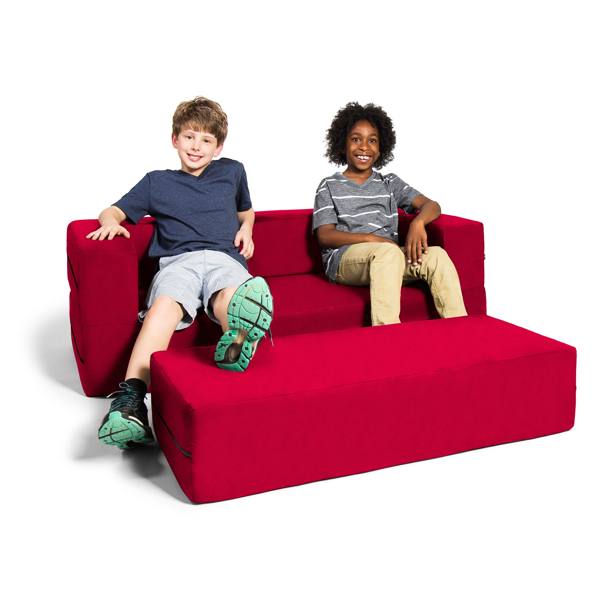 Jaxx Zipline Kids Sofa & Large Ottoman, 3 in 1 Fold Out Sofa, Big Kids Edition, Cherry