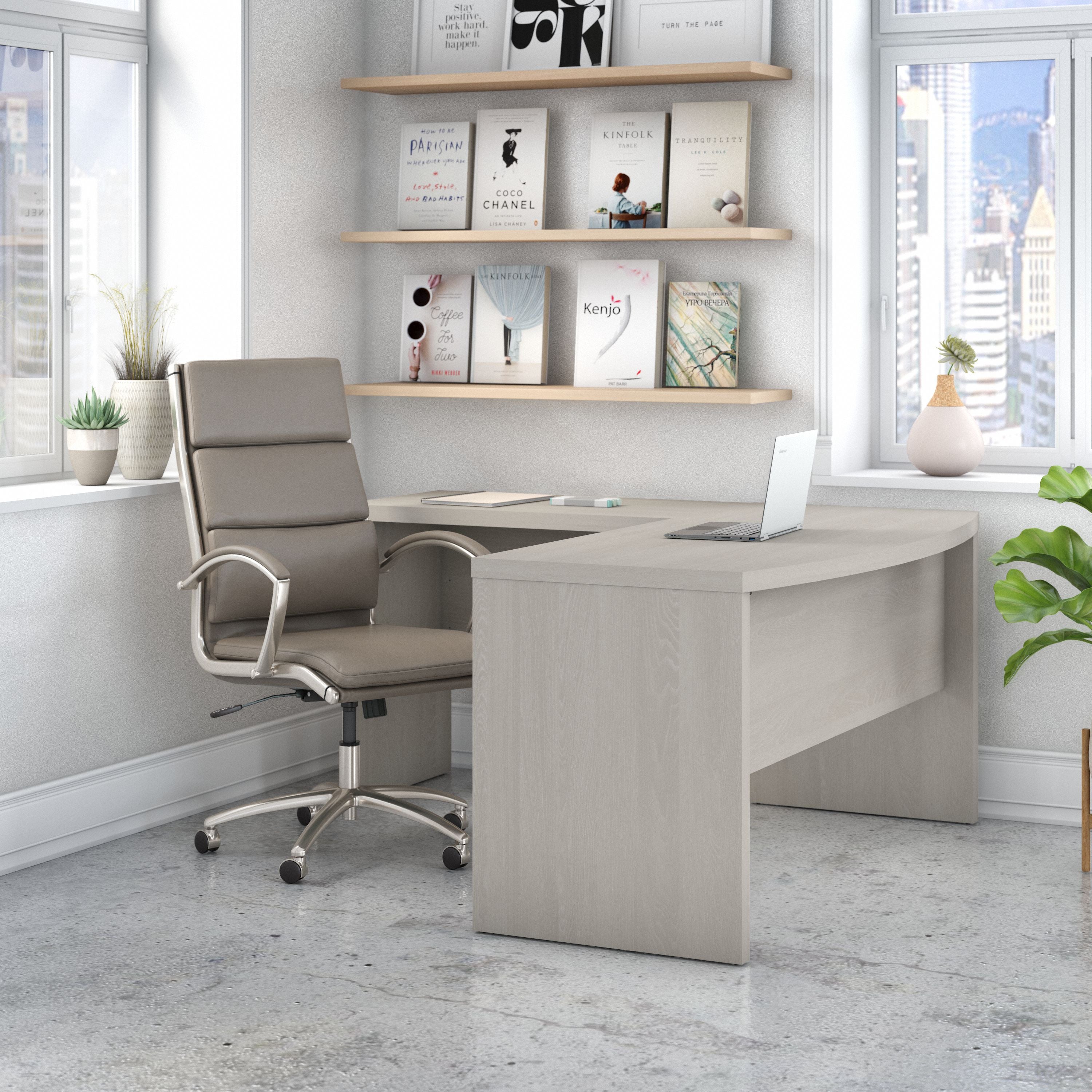 Bush Business Furniture Echo L Shaped Bow Front Desk in Gray Sand - 60" Width x 64.33" Depth x 30" Height