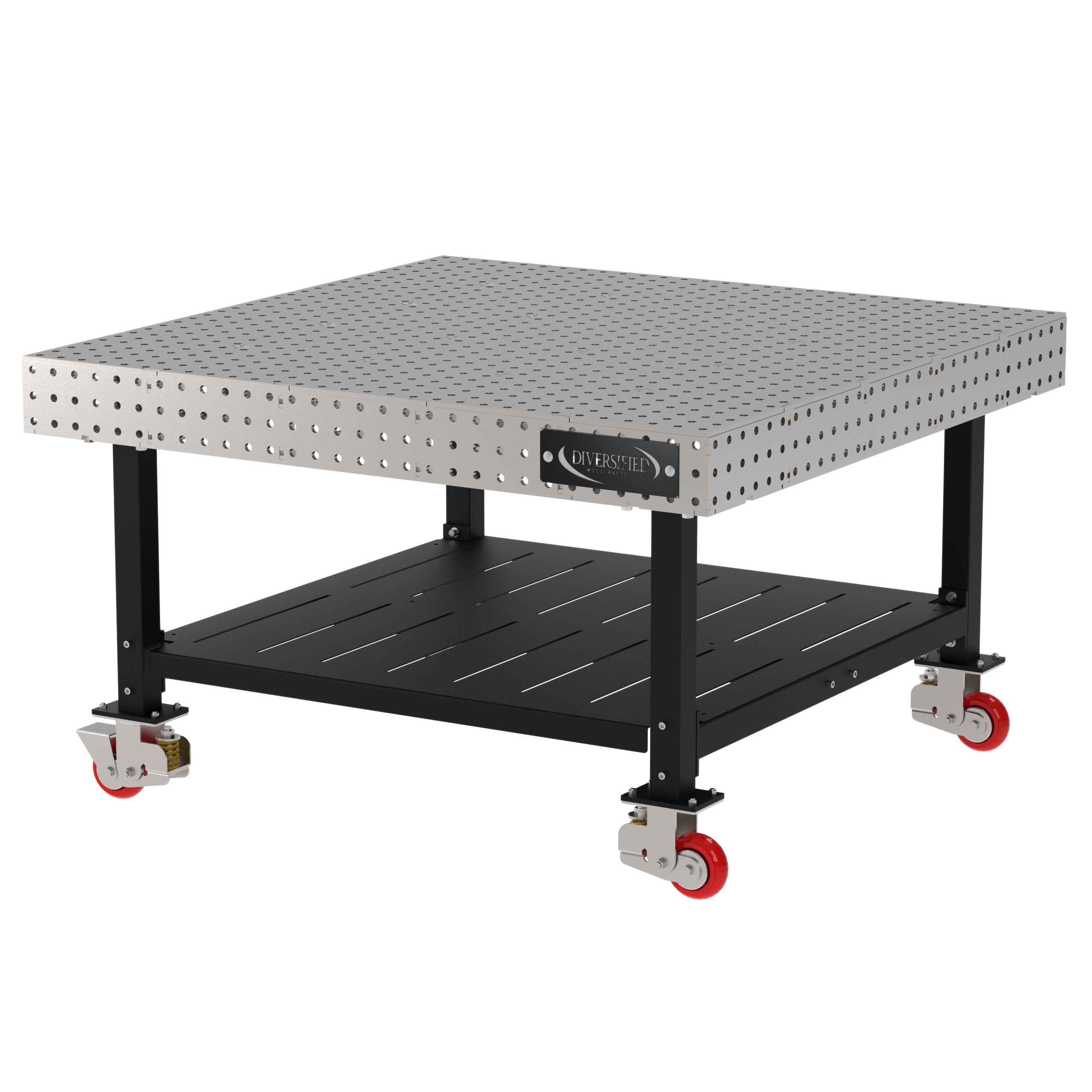 Welding Fixture Table, Fixed Height, 36"H x 60"L x 60"D, 1/4" Carbon Steel Top, Four Black Powdercoat Legs, Shelf, 4 Heavy Duty Suspension Casters (2 Locking/Swiveling Casters and 2 Non-Locking/Non-SwivelingCasters)