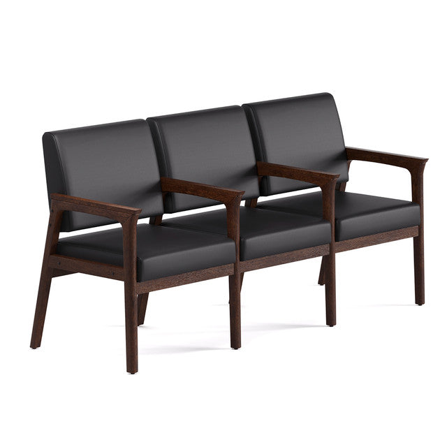 OfficeSource Aiden 3-Seater with Full Arm - Mocha Frame - Black PU Leather