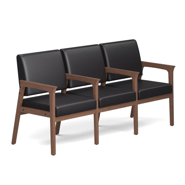OfficeSource Aiden 3-Seater with Full Arm - Modern Walnut Frame - Black PU Leather