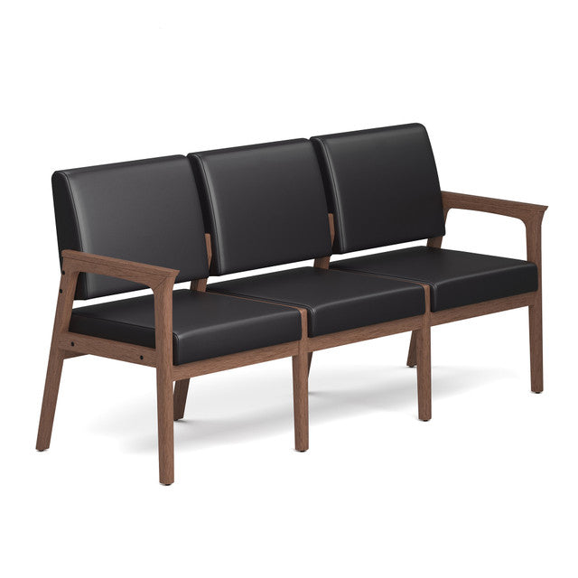 OfficeSource Aiden 3-Seater with Half Arm - Modern Walnut Frame - Black PU Leather