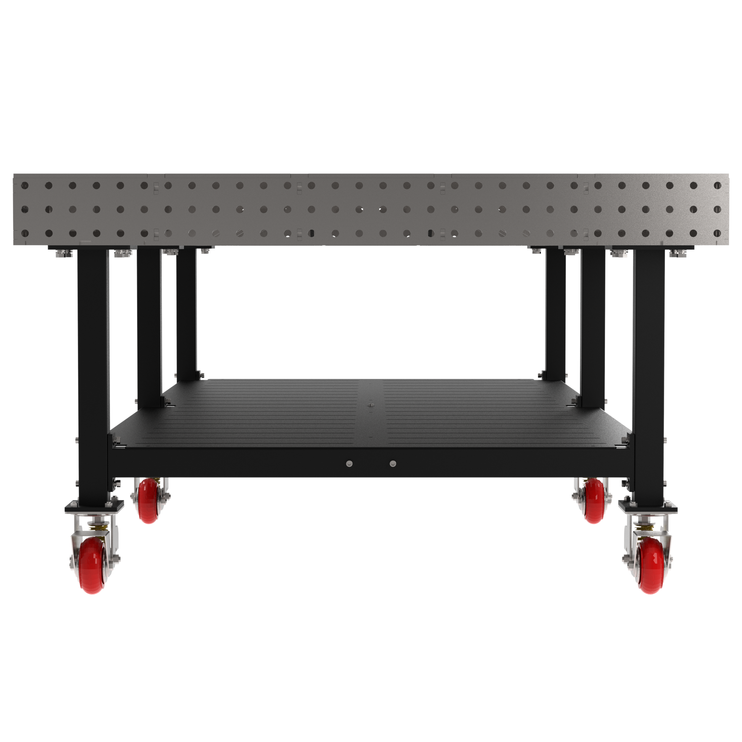 Welding Fixture Table, Fixed Height, 36"H x 120"L x 60"D, 1/4" Carbon Steel Top, Six Black Powdercoat Legs, Shelf, 6 Heavy Duty Suspension Casters (4 Locking/Swiveling Casters and 2 Non-Locking/Non-SwivelingCasters)