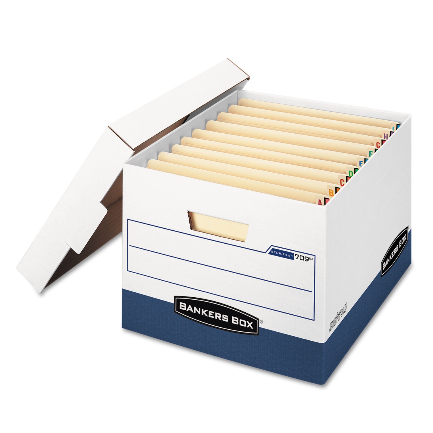 Bankers Box STOR/FILE File Storage Box, Heavy Duty, Stackable, Lift-off Lid, Letter/Legal Size, White/Blue, 12 Boxes per Carton