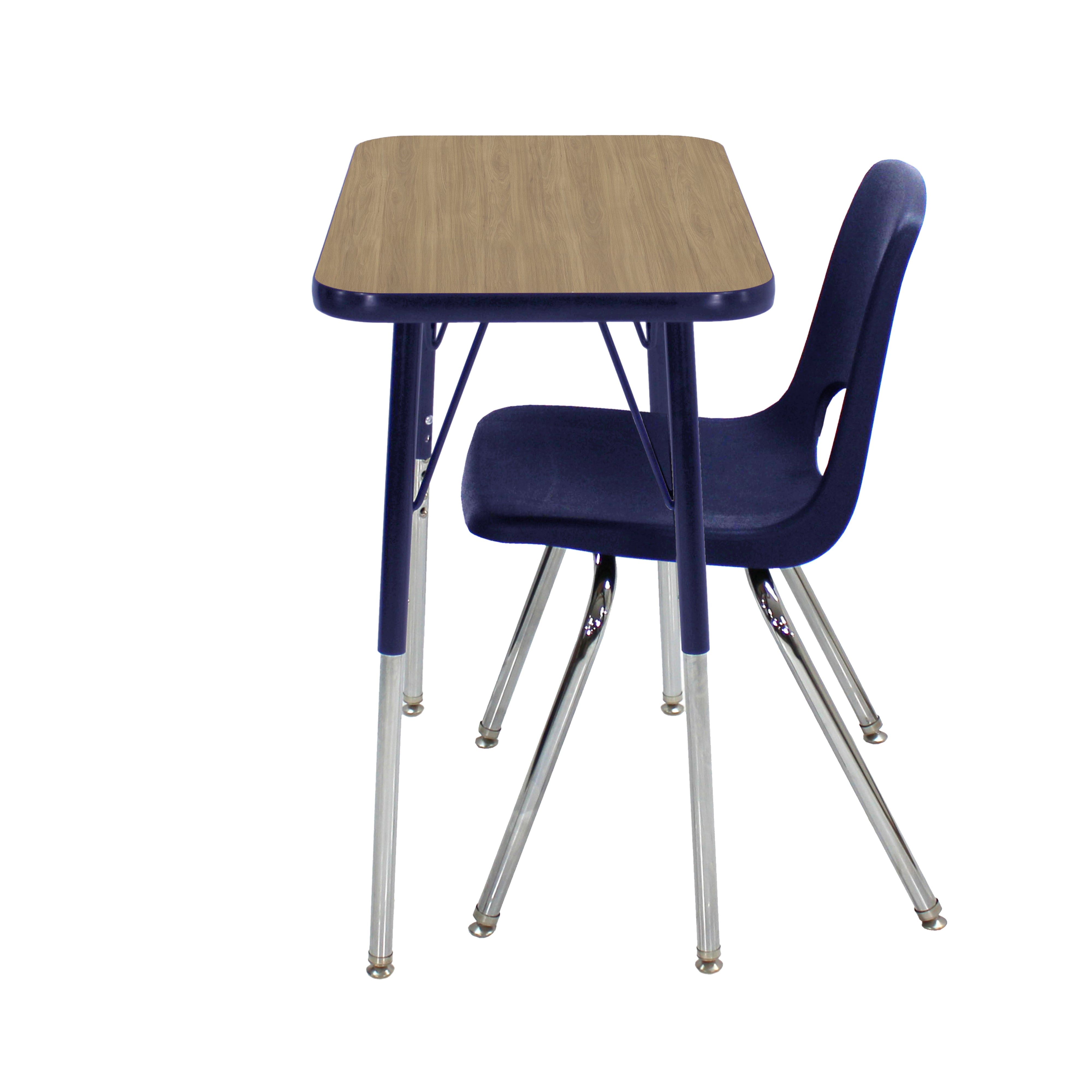18" x 30" Rectangle T-Molding Activity Table with Standard Legs and 18" Stack Chair with Swivel Glides - Pasadena Oak/Navy