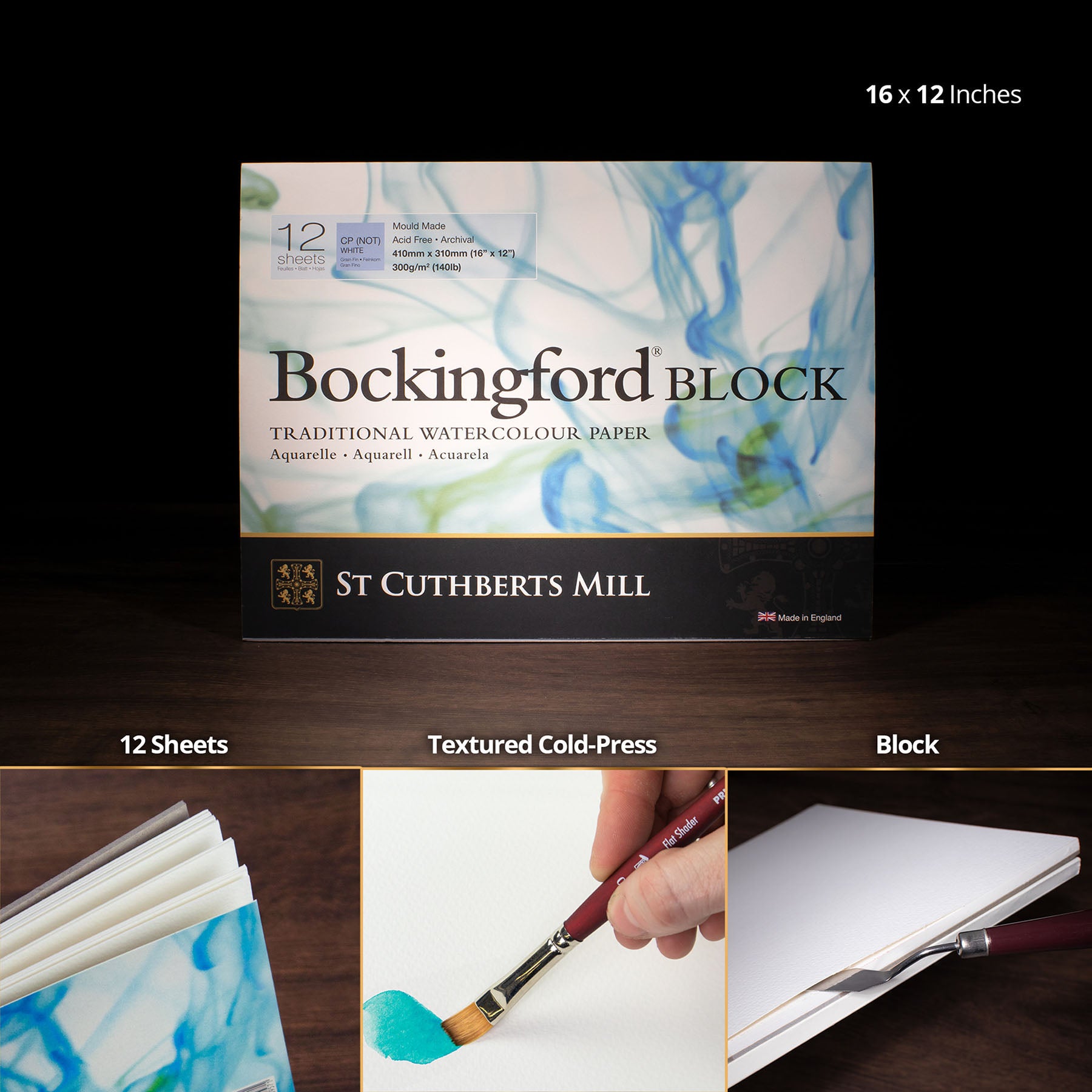 Bockingford Watercolor Block, Cold Pressed, White, 140lb/300gsm, 12 Sheet, 9x12 inch, 1 Count