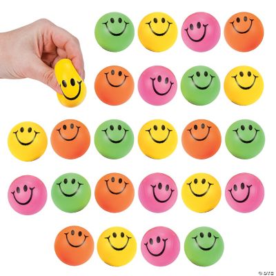 Mini Neon Smile Face Stress Balls - 24 Pieces