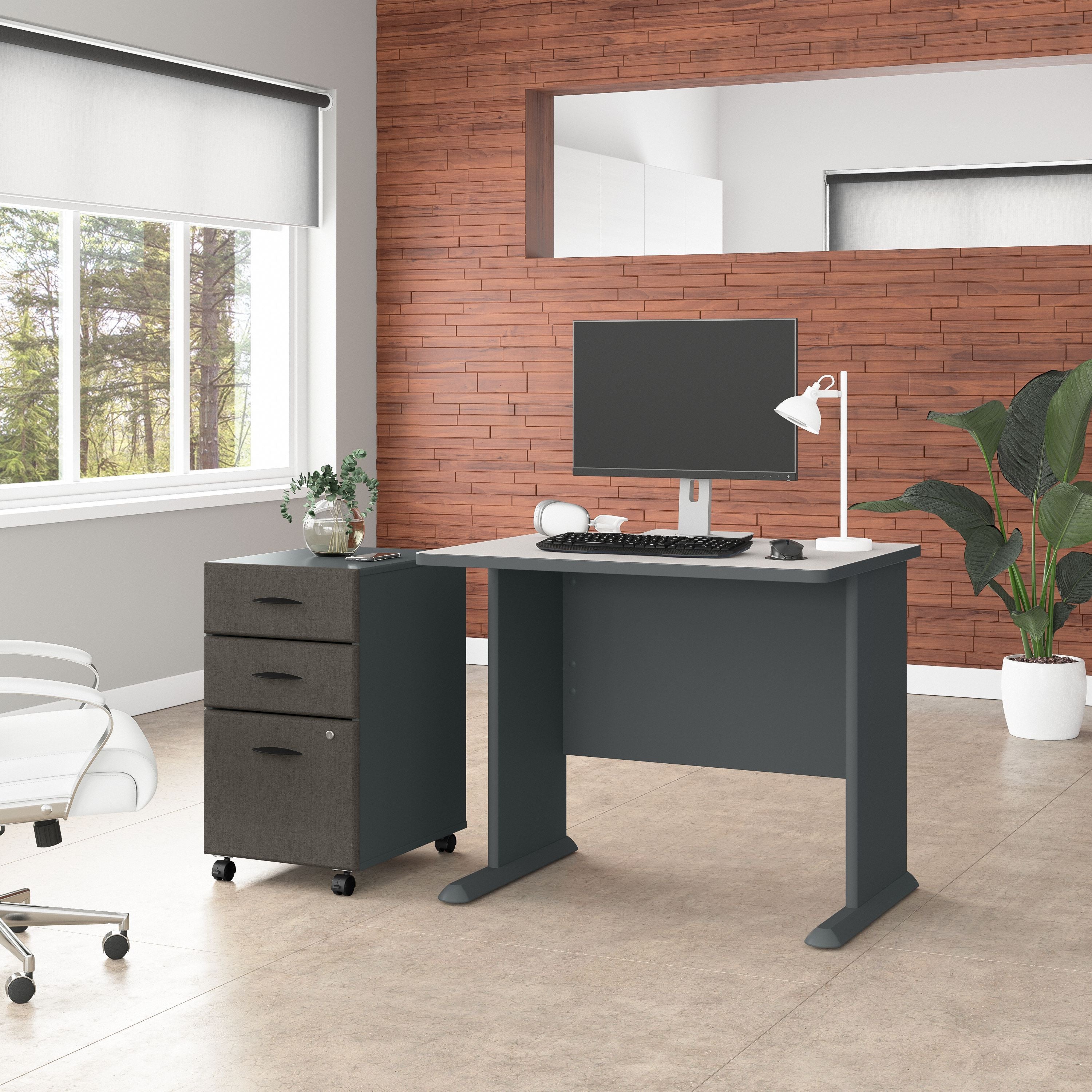 Bush Business Furniture Series A 36W Desk with Mobile File Cabinet in Slate and White Spectrum - 51.3" Width x 26.81" Depth x 29.66" Height