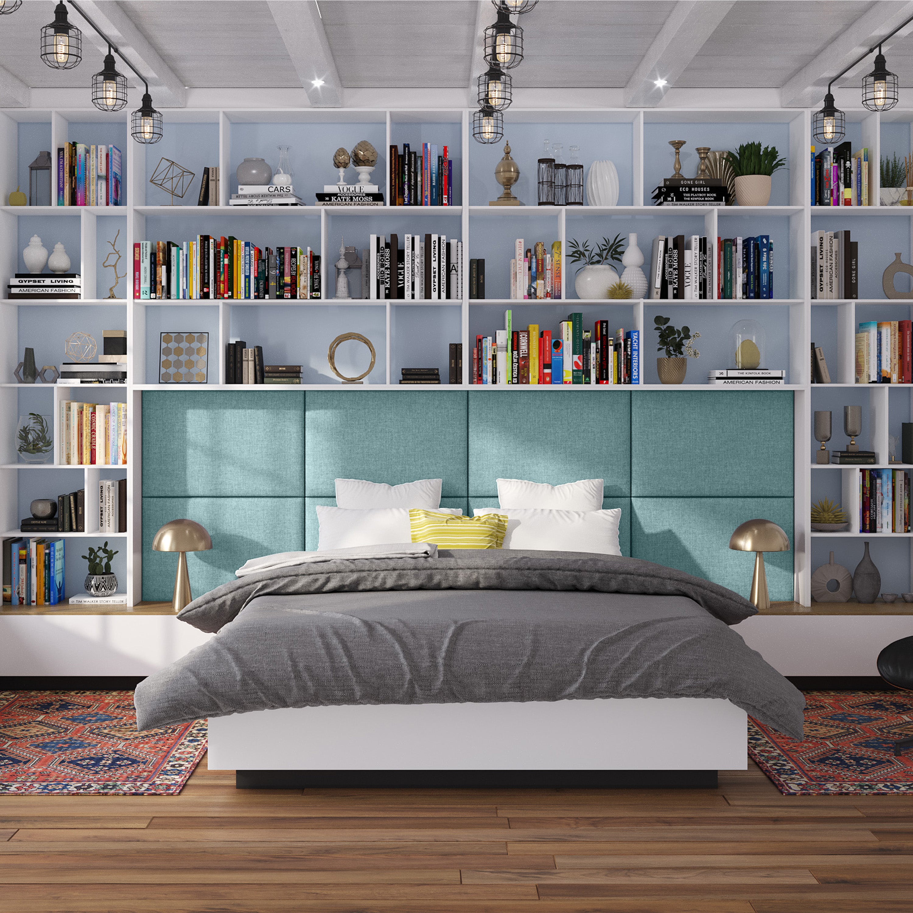 Jaxx Panelist Modern Padded Headboard- Set of 2 Wall Mounted Panels (Each 22.5" x 30")- Queen Double Tall, Microvelvet Surf Turquoise