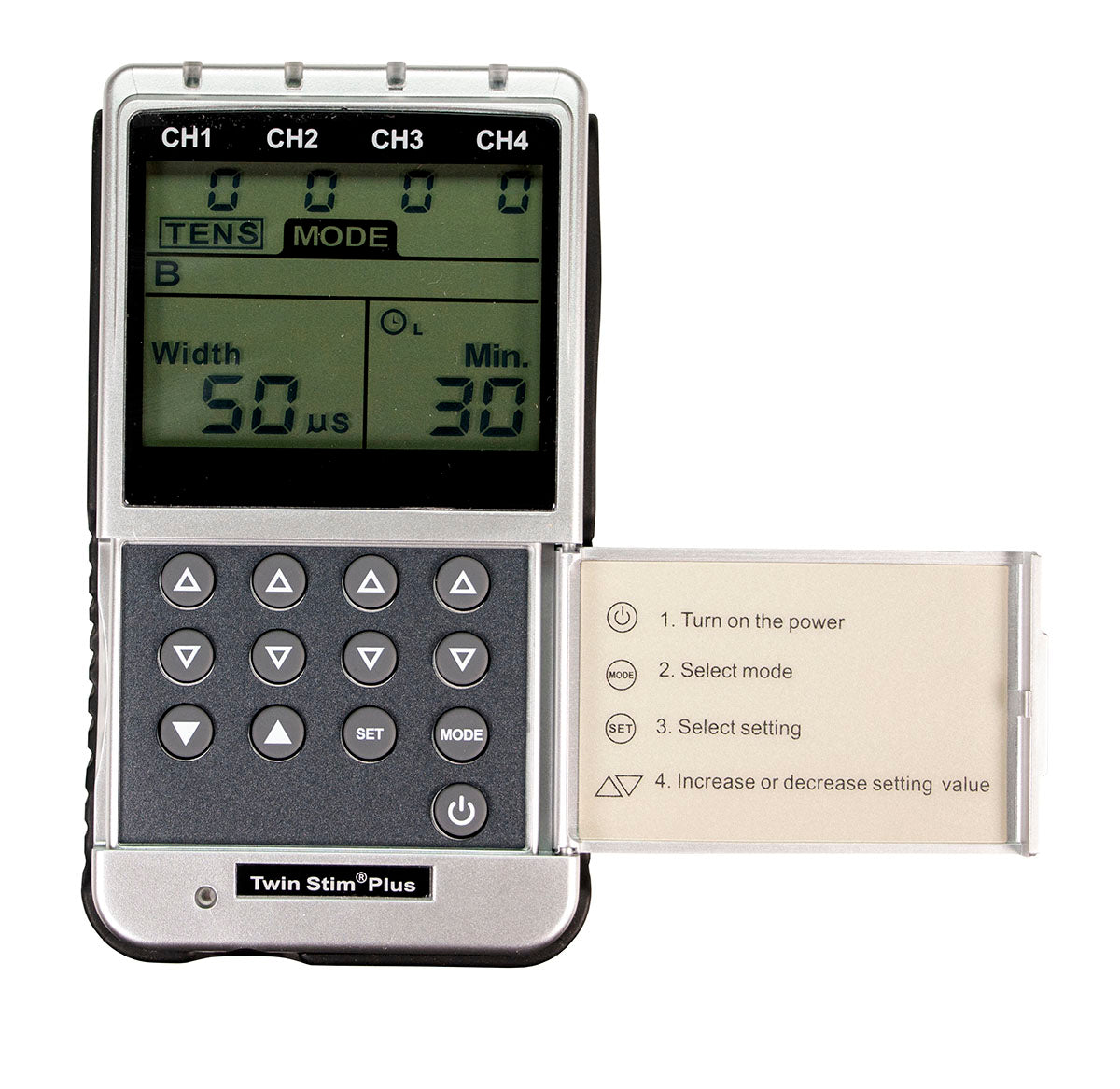 Digital 4-channel EMS/TENS unit, portable/battery or AC adapter, complete