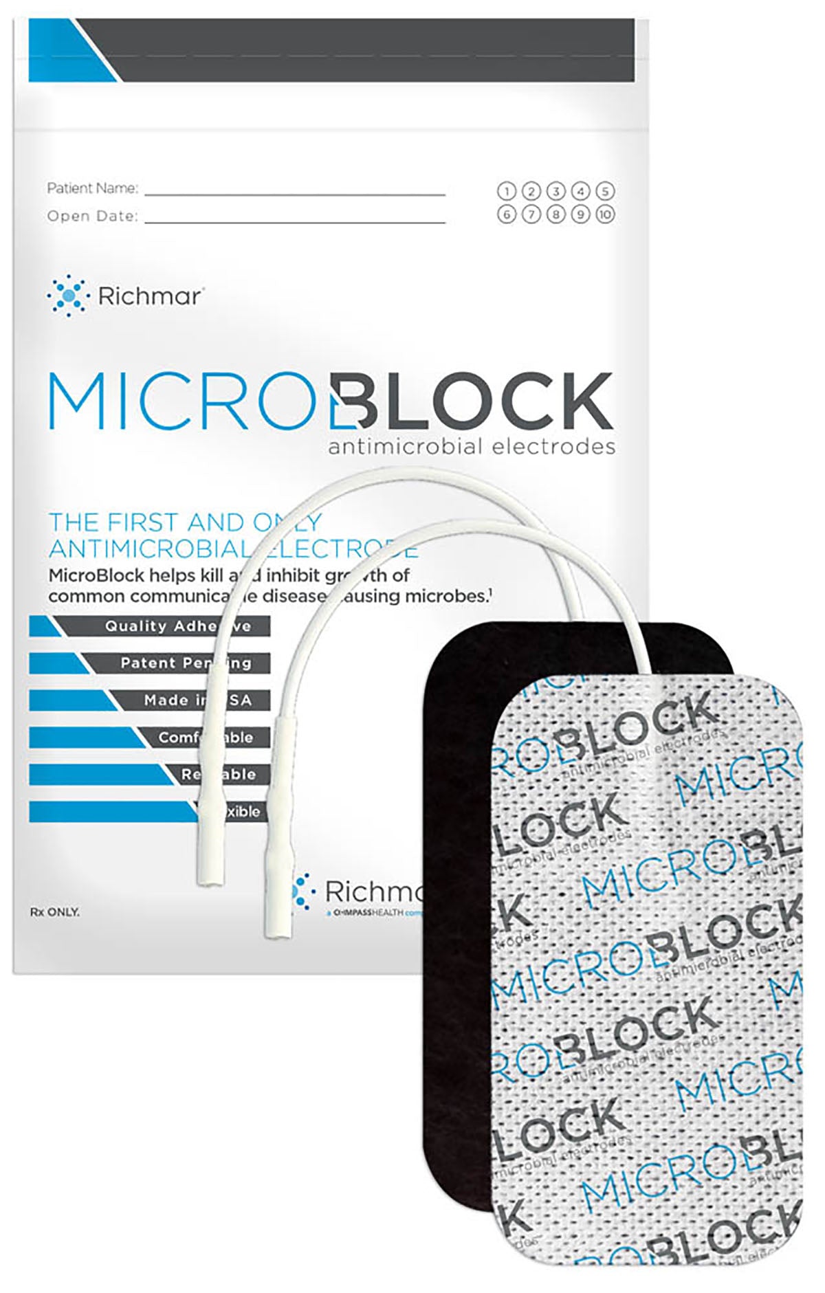 Micro Block Antimicrobial Electrodes, 2" x 3.5" Rectangle White Cloth (10 packs of 4)