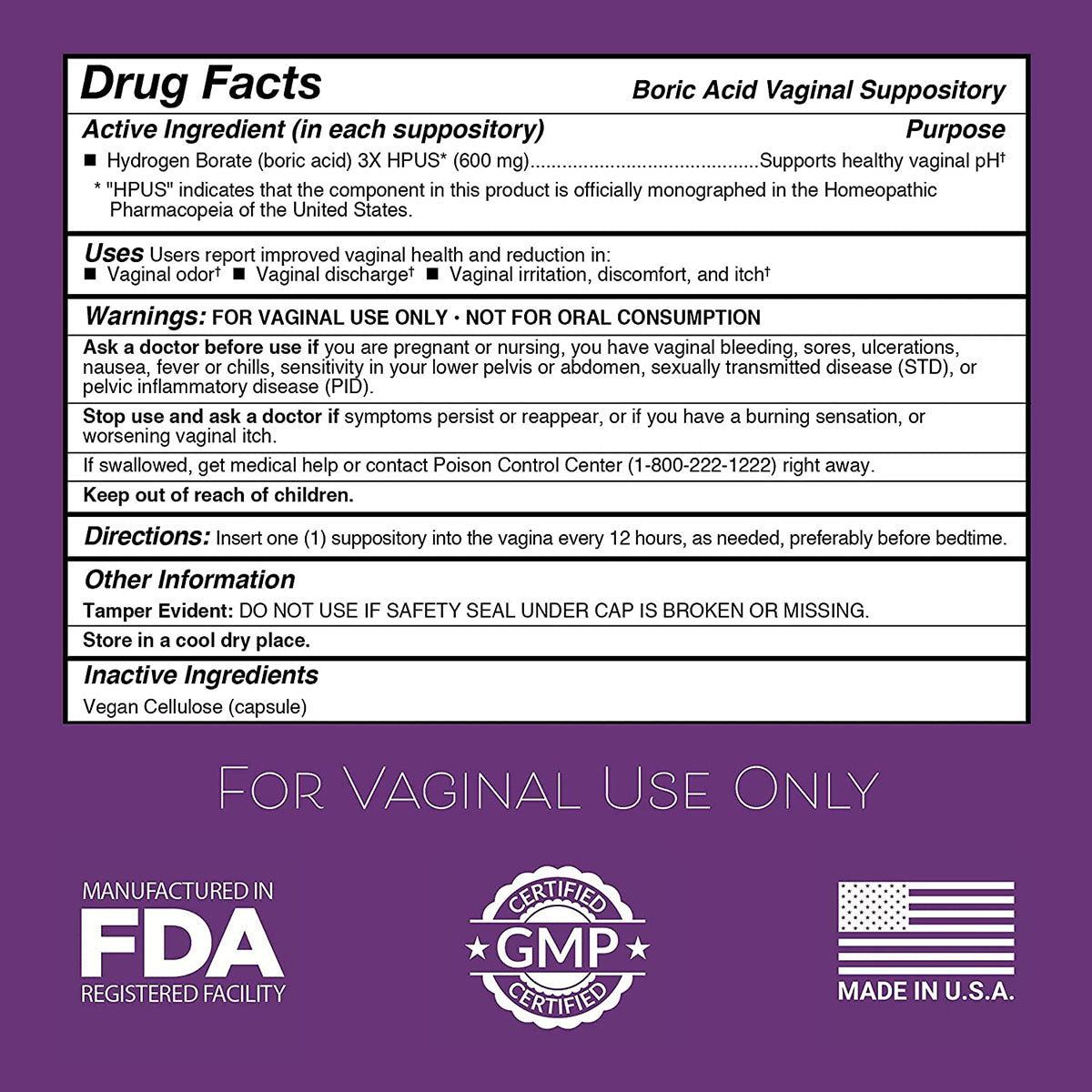 Intimate Rose, Boric Acid Vaginal Suppositories, 30 Count (600mg) + 7 Applicators