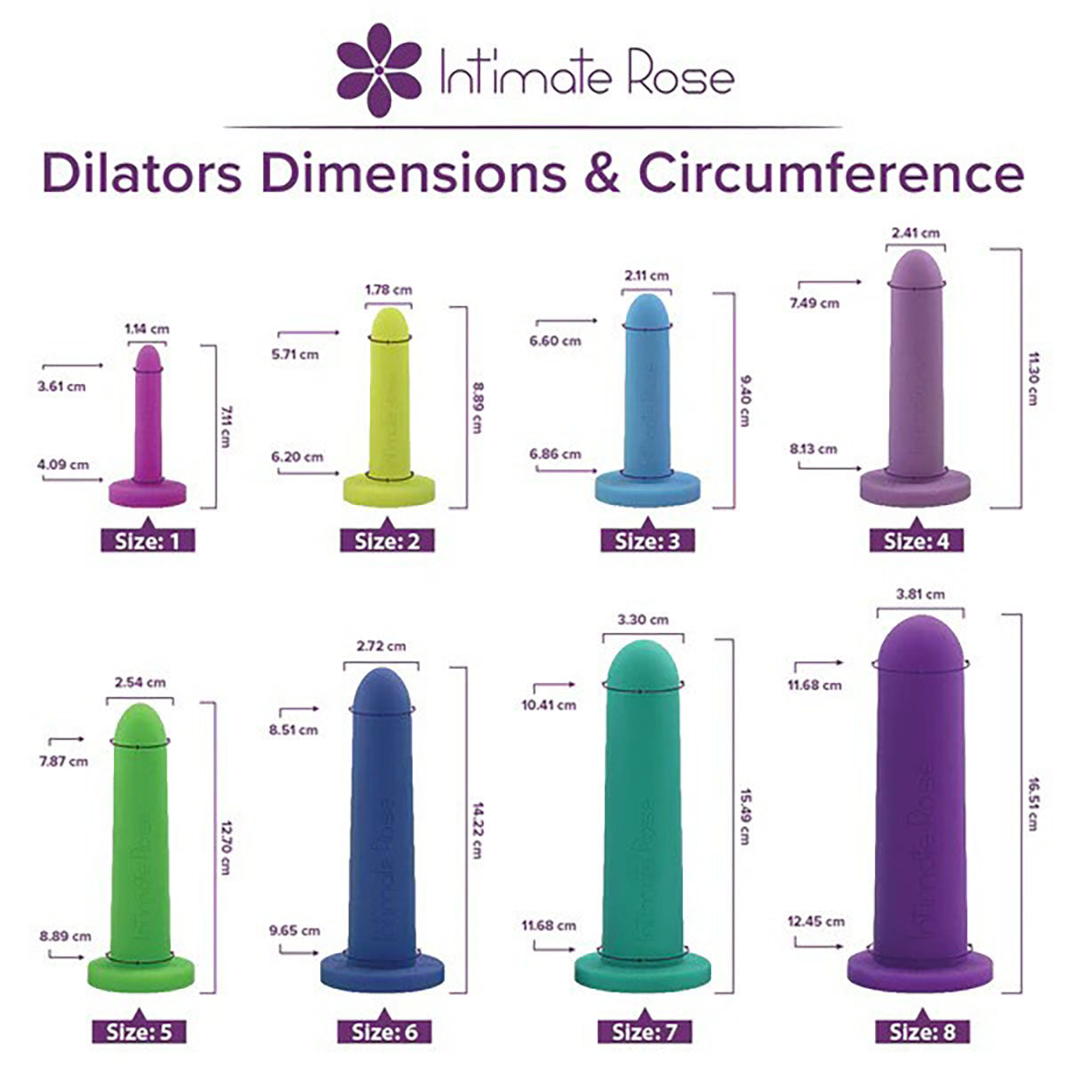 Intimate Rose, Silicone Dilators for Woman and Men, Full Set of 8 (Sizes 1 through 8)
