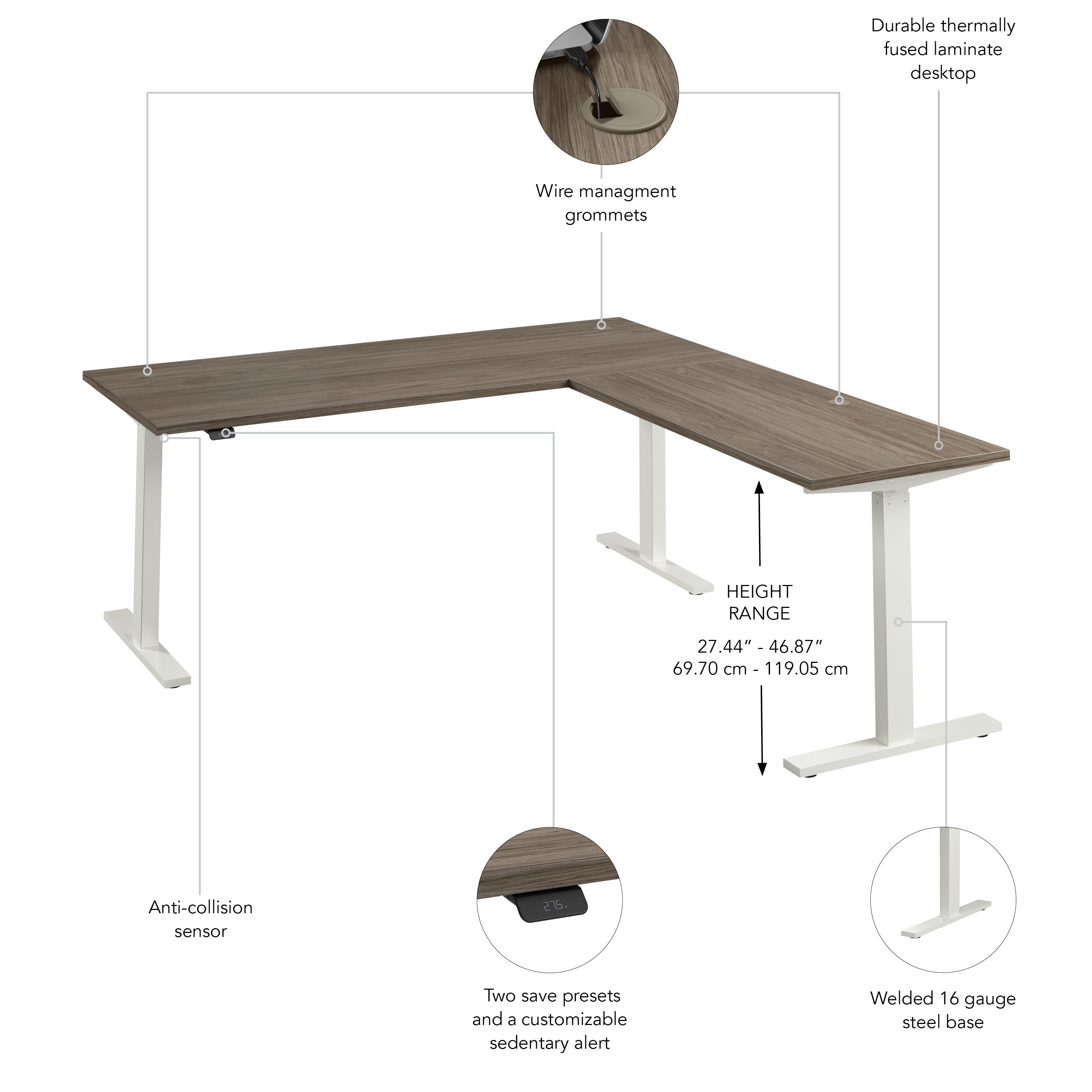 Bush Business Furniture Move 60 Series 72W Height Adjustable L Shaped Standing Desk in Modern Hickory with White Base - 71.02" Width x 76.97" Depth x 27.44" Height