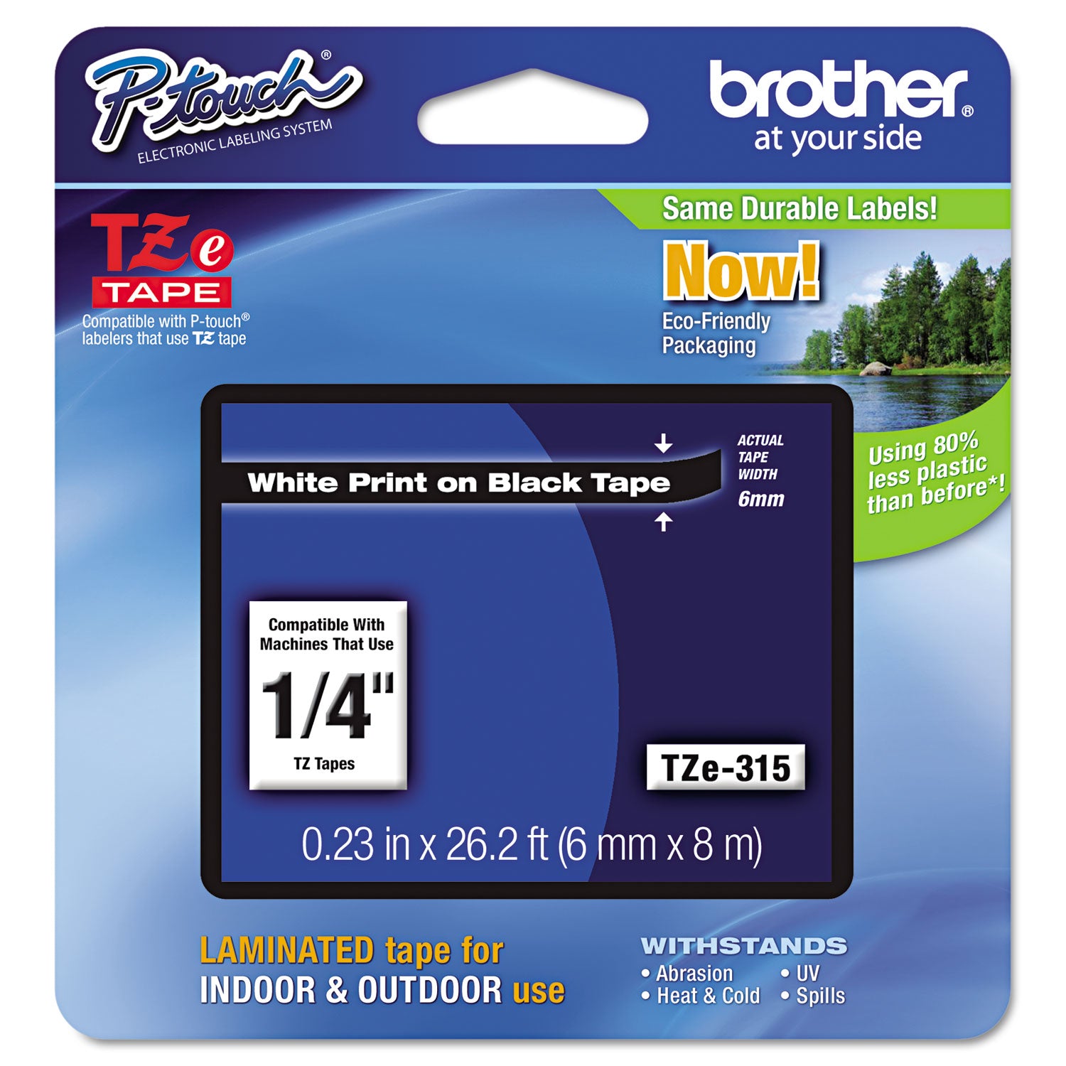 Tze Standard Adhesive Laminated Labeling Tape, 0.23" X 26.2 Ft, White On Black