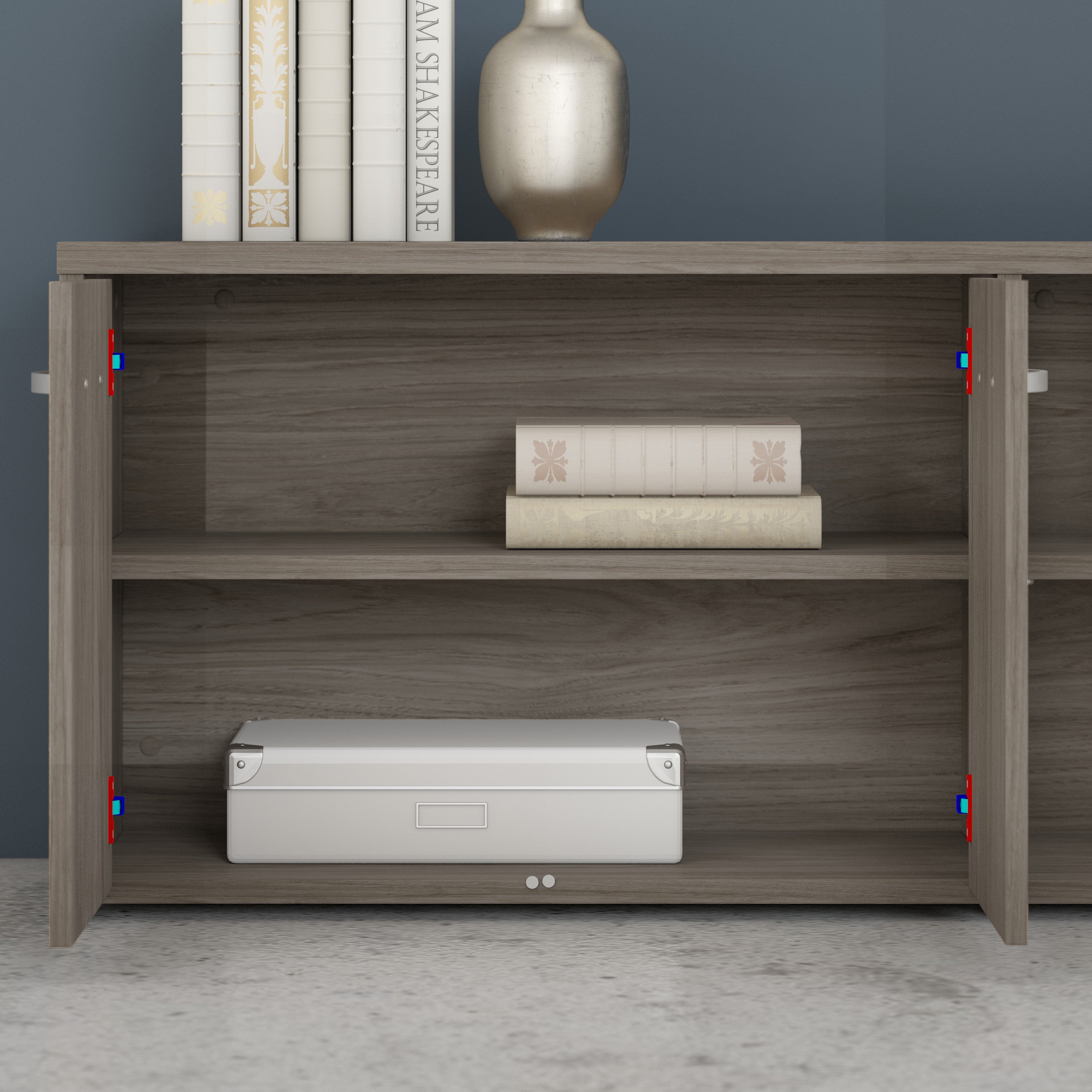 Bush Business Furniture Studio C Low Storage Cabinet with Doors and Shelves in Modern Hickory - 59.17" Width x 15.71" Depth x 21.2" Height
