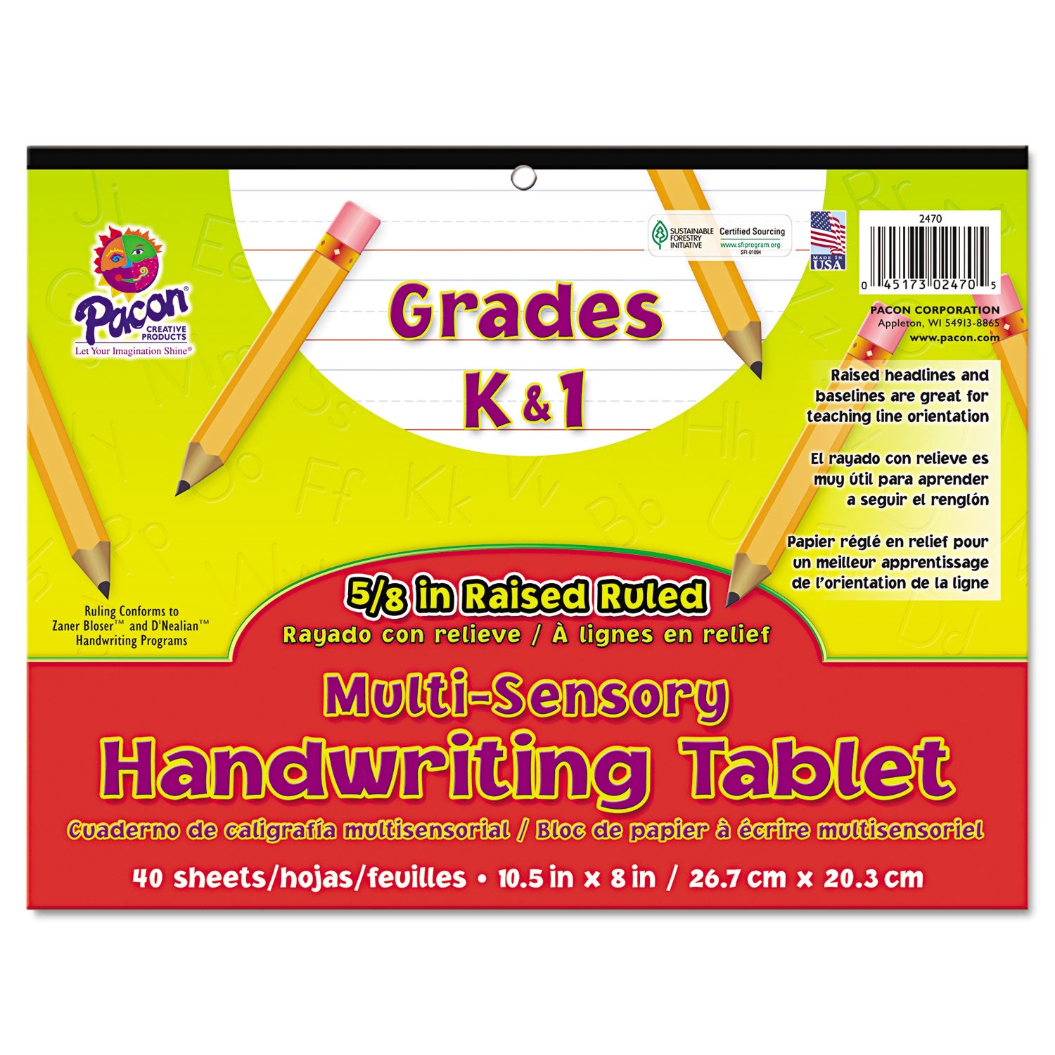 Multi-Sensory Raised Ruled Tablet, Tape Bound, 5/8" x 5/16" x 5/16" Ruled Long, 10-1/2" x 8", 40 Sheets