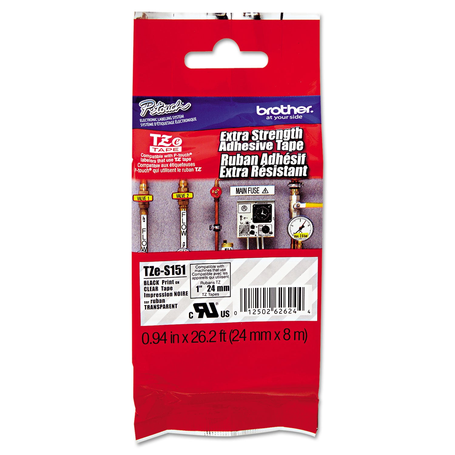 Tze Extra-Strength Adhesive Laminated Labeling Tape, 0.94" X 26.2 Ft, Black On Clear