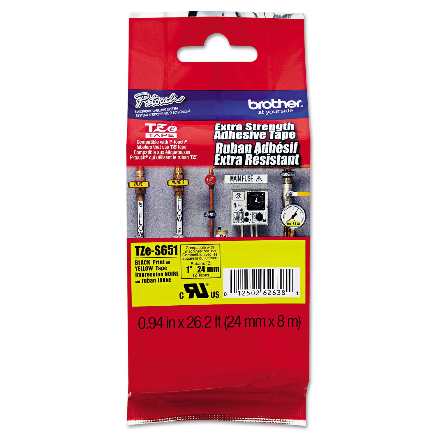 Tze Extra-Strength Adhesive Laminated Labeling Tape, 0.94" X 26.2 Ft, Black On Yellow