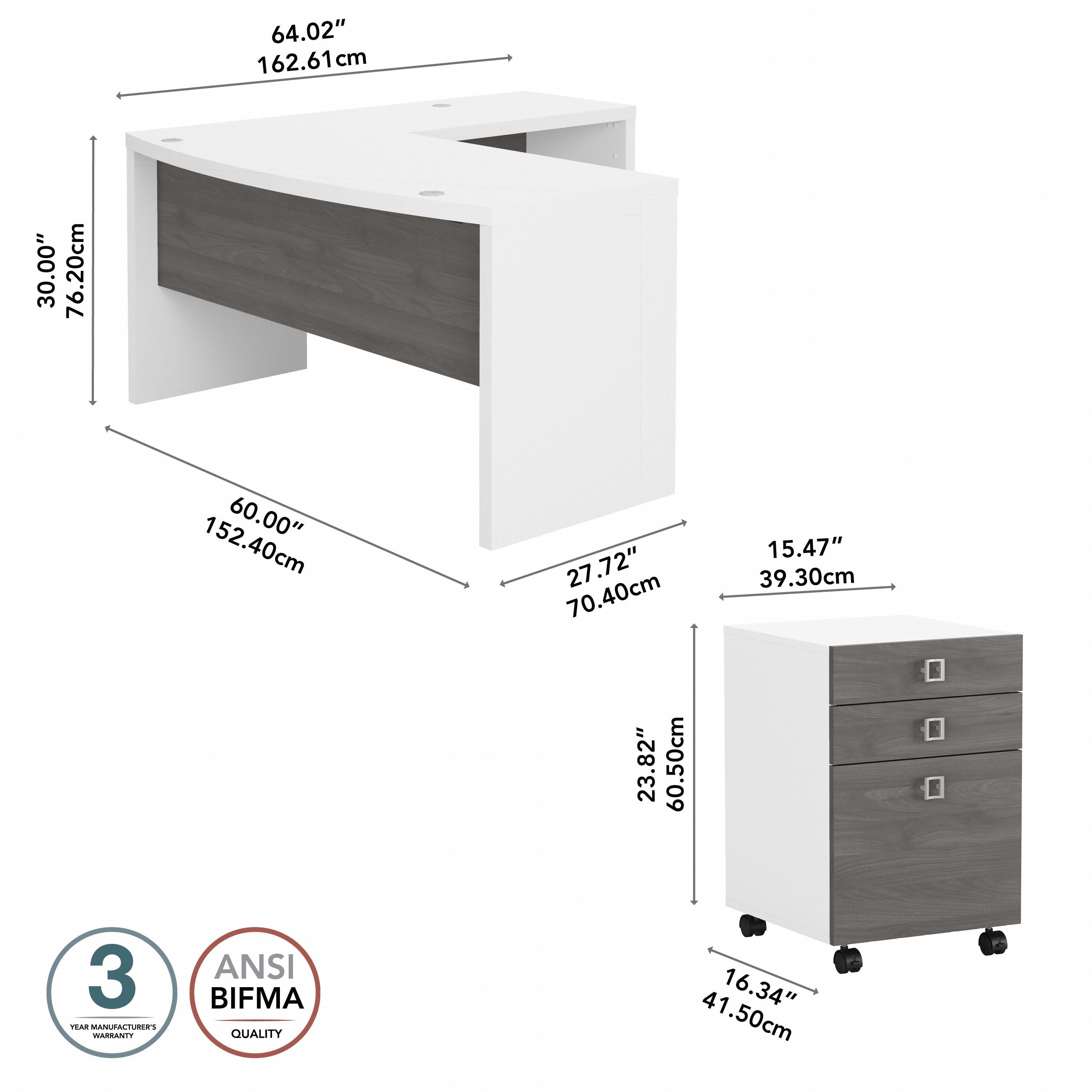 Bush Business Furniture Echo L Shaped Bow Front Desk with Mobile File Cabinet in Pure White and Modern Gray - 60" Width x 64.02" Depth x 30" Height