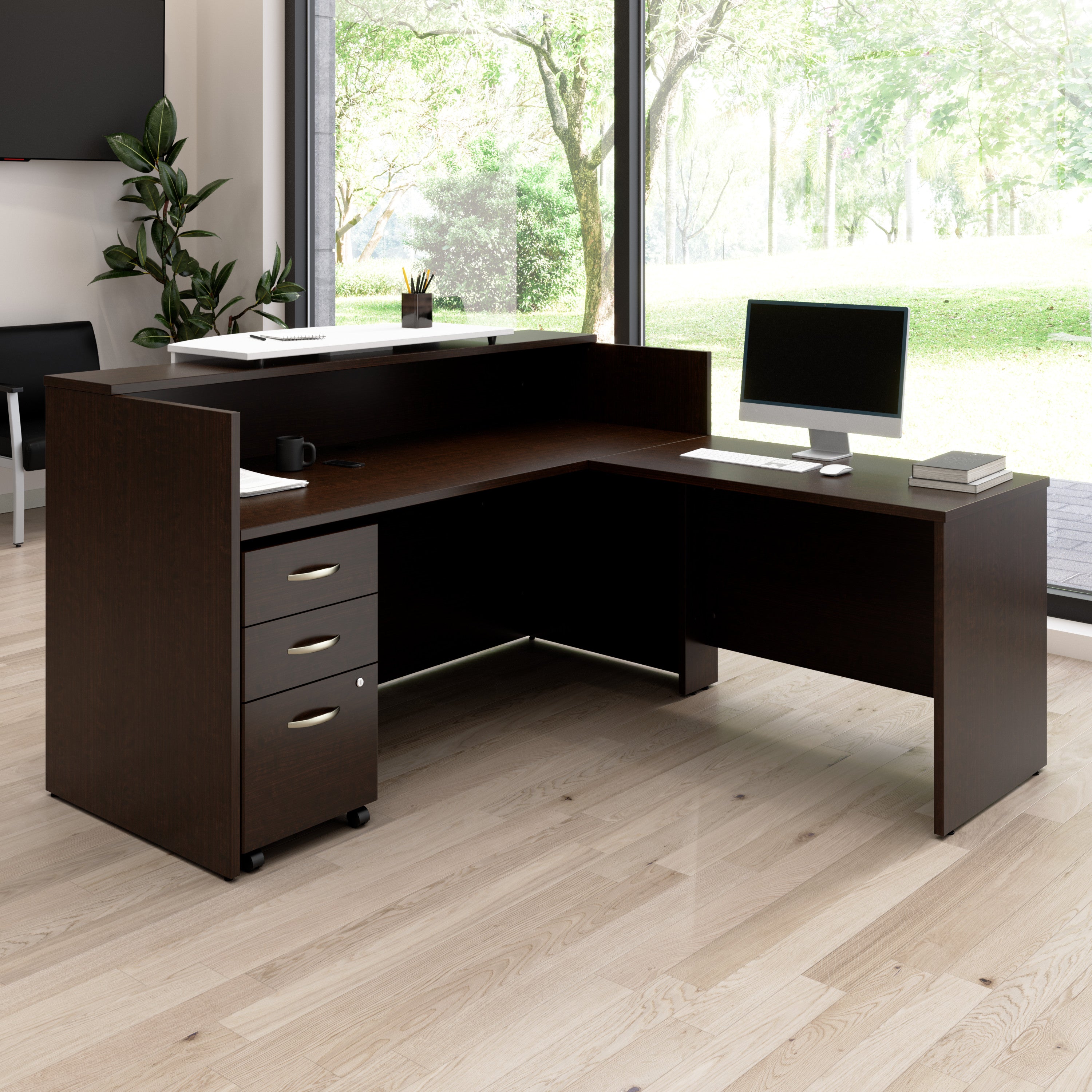 Bush Business Furniture Arrive 72W x 72D L Shaped Reception Desk with Counter and Mobile File Cabinet in Mocha Cherry - 71.02" Width x 71.14" Depth x 40.35" Height