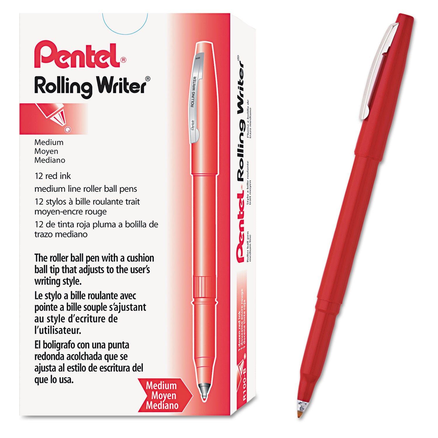 Pentel Rolling Writer Pens - 0.8 mm Medium Pen Point - Red Ink - Red Plastic Barrel - 1 Dozen